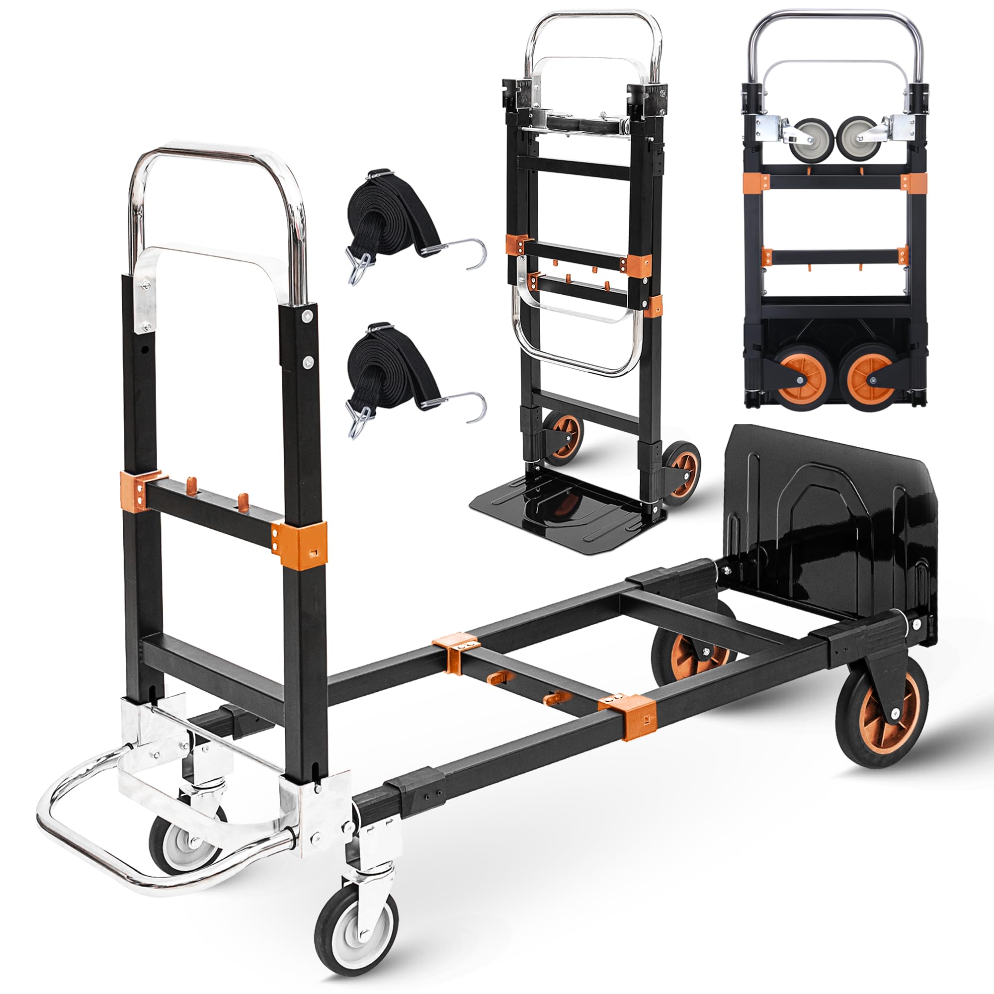 upgraded 3 in 1 folding hand truck, 500lbs capacity heavy duty convertible dolly cart with rubber wheels, collapsible hand truck foldable with telescopic handle, trolley for moving, office, warehouse
