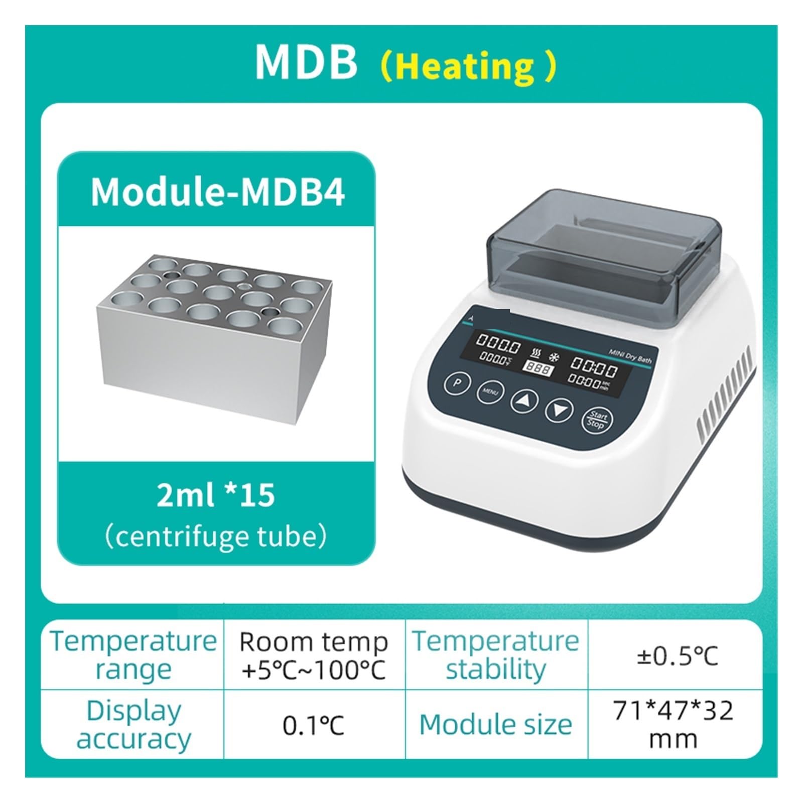 Mini Calentador de Laboratorio de incubadora de baño seco termostático portátil con Bloque de calefacción for centrífuga Tu de 0,2/0,5/1,5/2ml(MDB (2mlx15))
