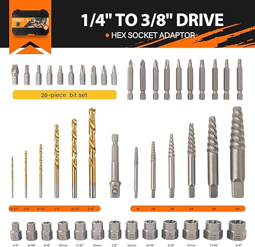 Miniatura 2 de KENDO Juego de 46 extractores de tornillos dañados HSS  Removedor para tornillos pelados, tuercas y pernos, herramientas de broca para una fácil