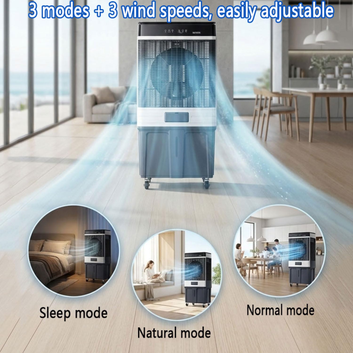 Condizionatore d'aria portatile con serbatoio 80L, ventilatore di raffreddamento silenzioso 35dB, 3 velocità e 3 modalità, timer 6H, oscillazione automatica per l'ufficio domestico della camera da let