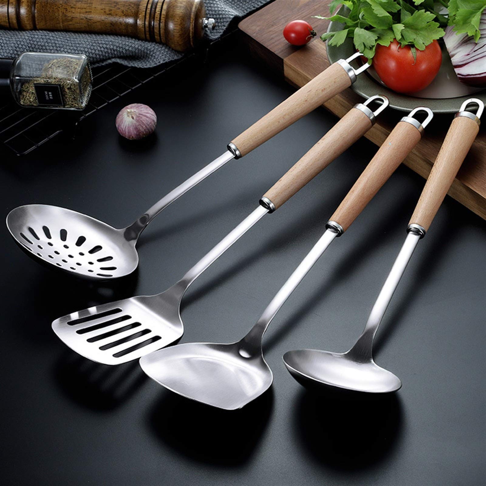YYDS Koch Utensilien 304 Edelstahl Kochutensilien Set - 4 stücke Spatel Löffel Suppenschaufel Hölzerne Griff Kochwerkzeuge Küchenwerkzeuge Set Kochzubehör