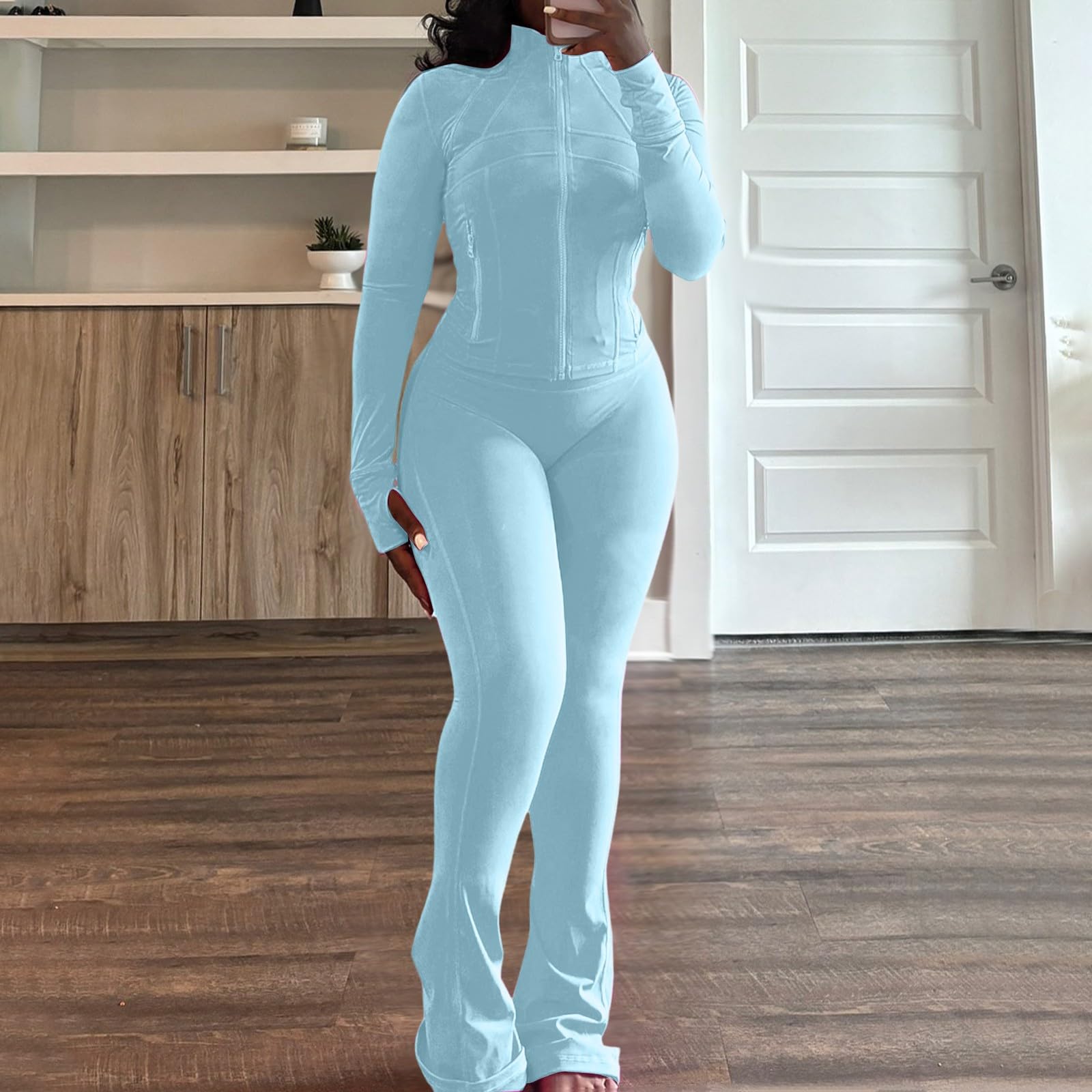 Generico Completo Sportivo Donna 2 Pezzi Tuta Maniche Lunghe Autunnale Maglia Maniche Lunghe e Pantaloni a Gamba Larga Autunno Inverno per Jogging Palestra e Uscite