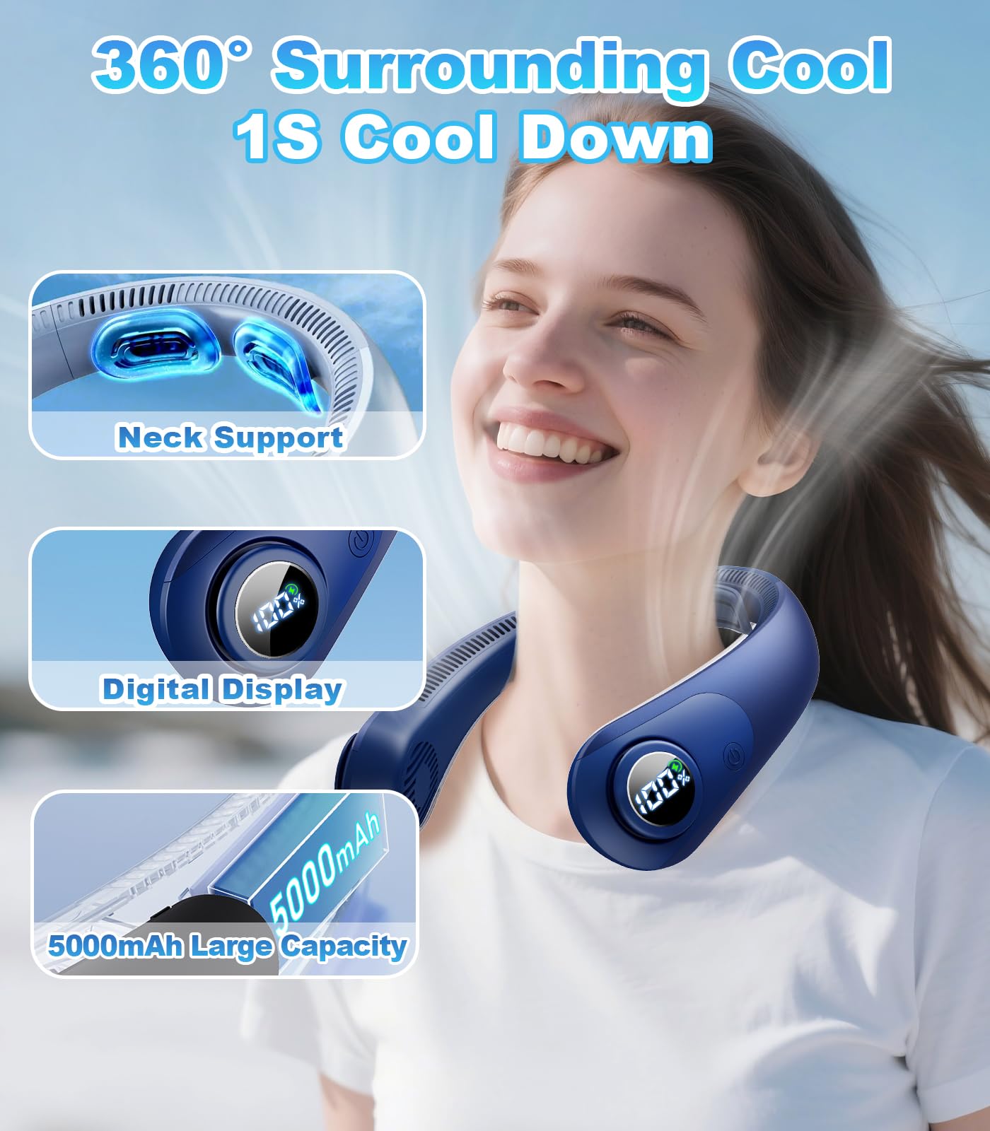 BEYYON Ventilador portátil para el cuello, manos libres, con pantalla LED, refrigeración de 360°, ultra silencioso, 5 velocidades, diseño giratorio para el cuello, para viajes, camping, oficina