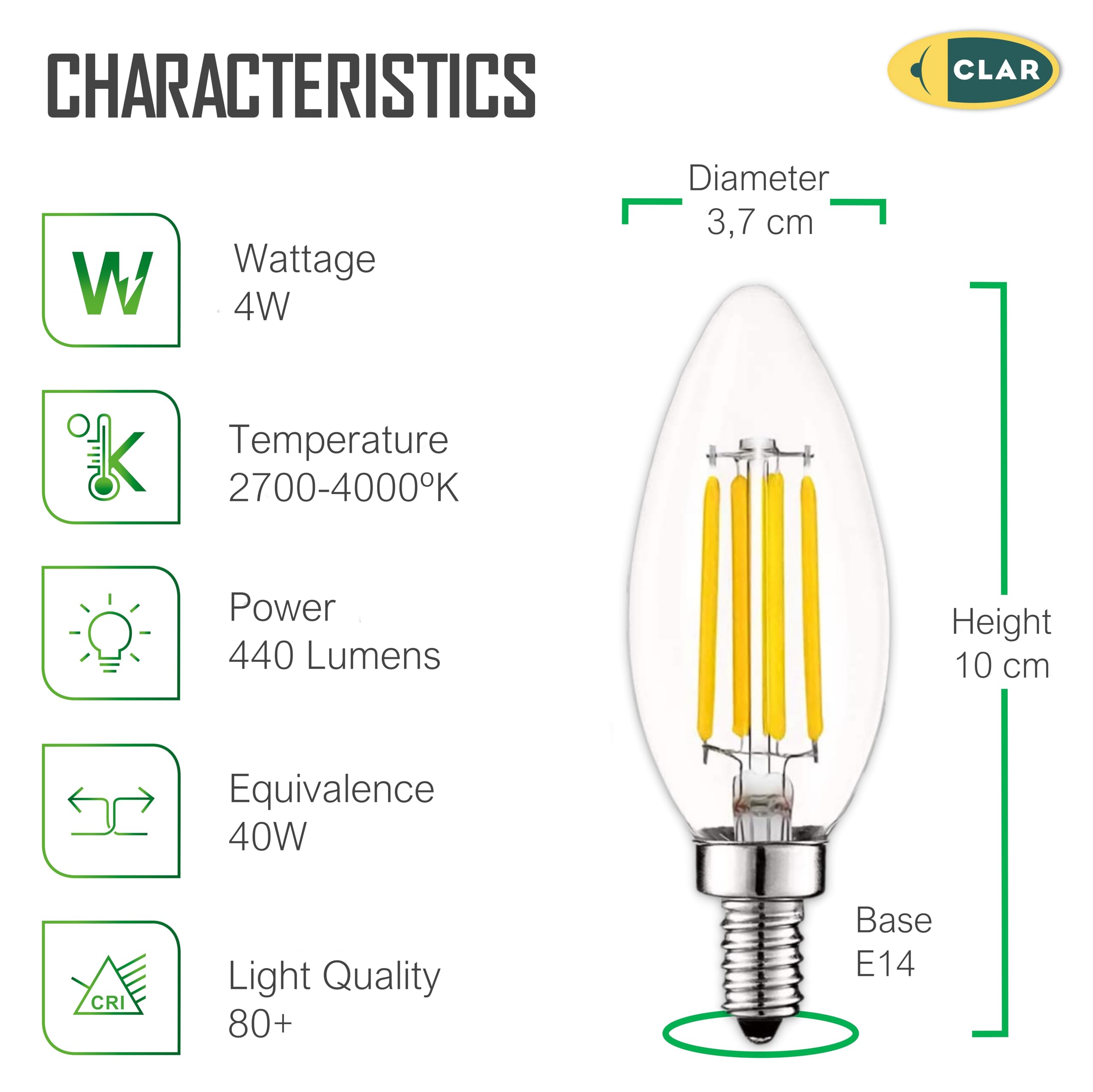 CLAR- Ampoule Flamme E14 Petit Culot à Vis, Ampoule Filament E14, Ampoule LED E14, 4000K (6W Pack 20)