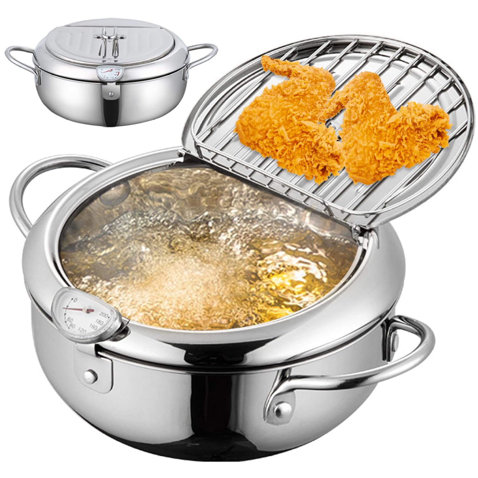 Olla freidora Olla para freír tempura japonesa de acero inoxidable de 3, 2 L con escurridor de temperatura y goteo de aceite Rejilla para freír pequeña de 9, 4 pulgadas con asas para cocina Pescad