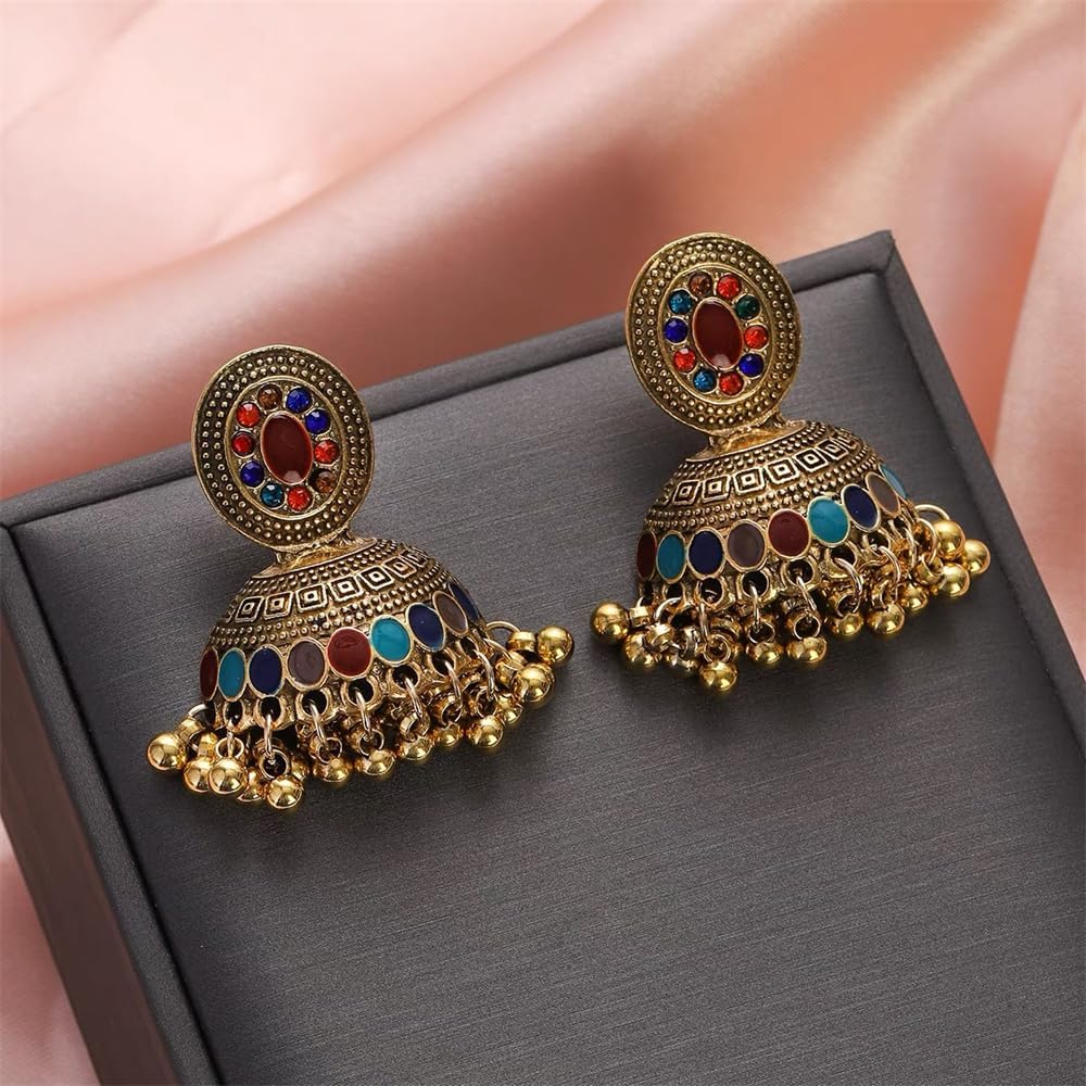 Vintage Round Ball Tassel Beads Stud Earrings For Women Bohemian Ethnic Retro Style Chandelier Colorful Crystal Gypsy Dangling Drop Earring Jhumka Jhumki Indian Bollywood Tribal Statement Jewelry Gift - Image 3
