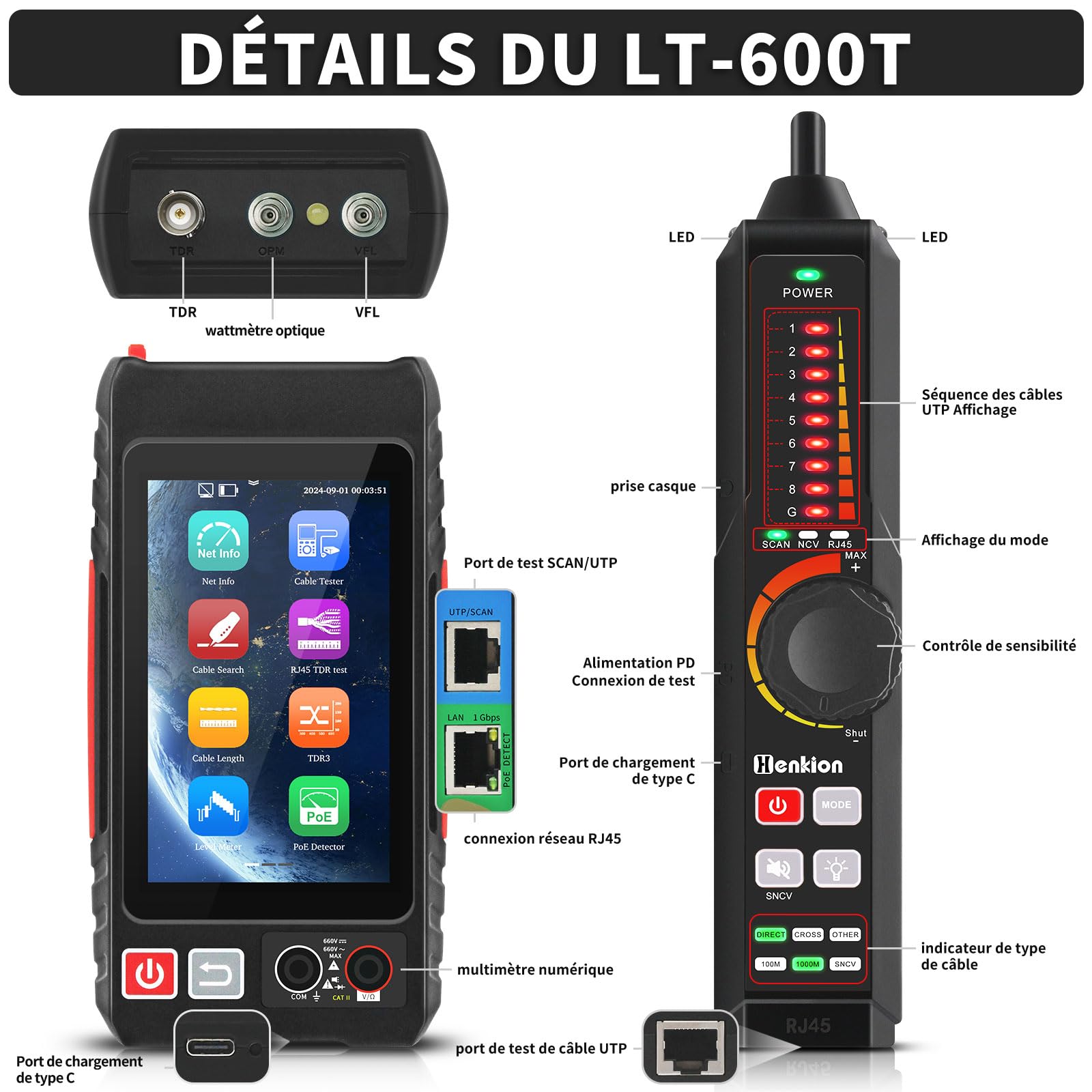 Henkion Testeur Câble Réseau RJ45 Professionnel Écran IPS 4", Ethernet Tester Rechargeable, Outils Réseau, Détection POE++, Digital Multi-Meter, OPM, Mesureur de Longueur Câble, TDR, NCV, LEVEL METER