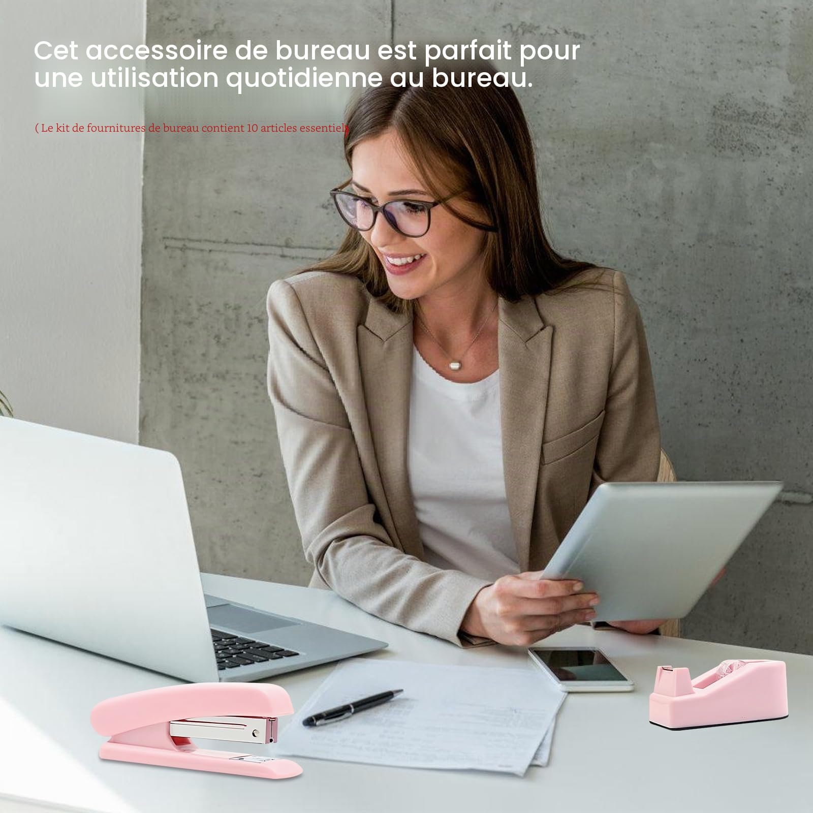 Fournitures de Bureau Roses: Ensemble de Fournitures de Bureau, Kit d'accessoires de Bureau avec Agrafeuse, Distributeur de Ruban Adhésif, ôte-agrafes, Clips, Ciseaux, Onglets