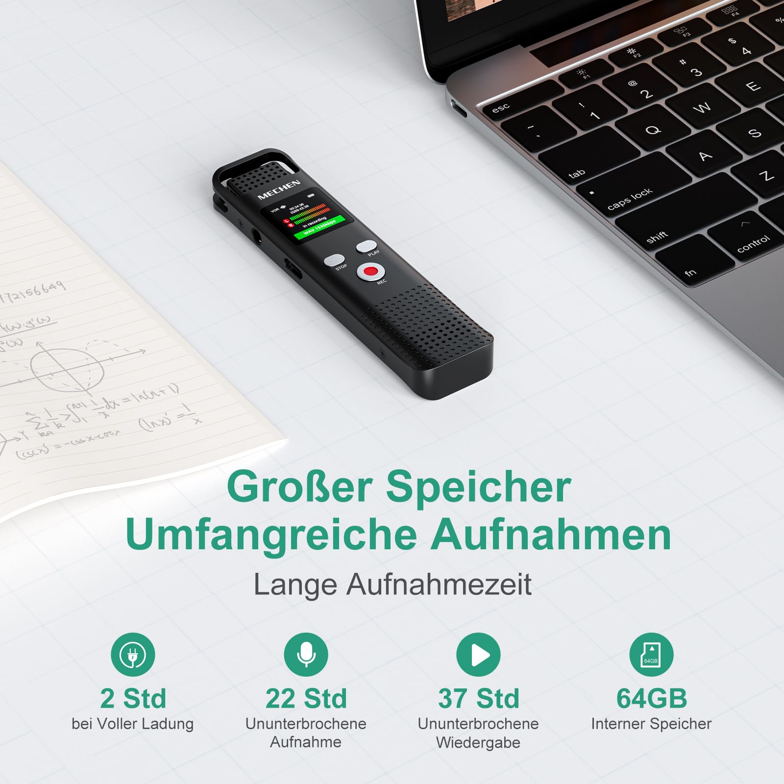 MECHEN V02 Diktiergerät 64GB, 1536Kpbs Digitales Aufnahmegerät mit One-Touch Aufnahme & Rauschunterdrückung für Interviews, Klassen und Meetings, Metallgehäuse, VOR, Line-in