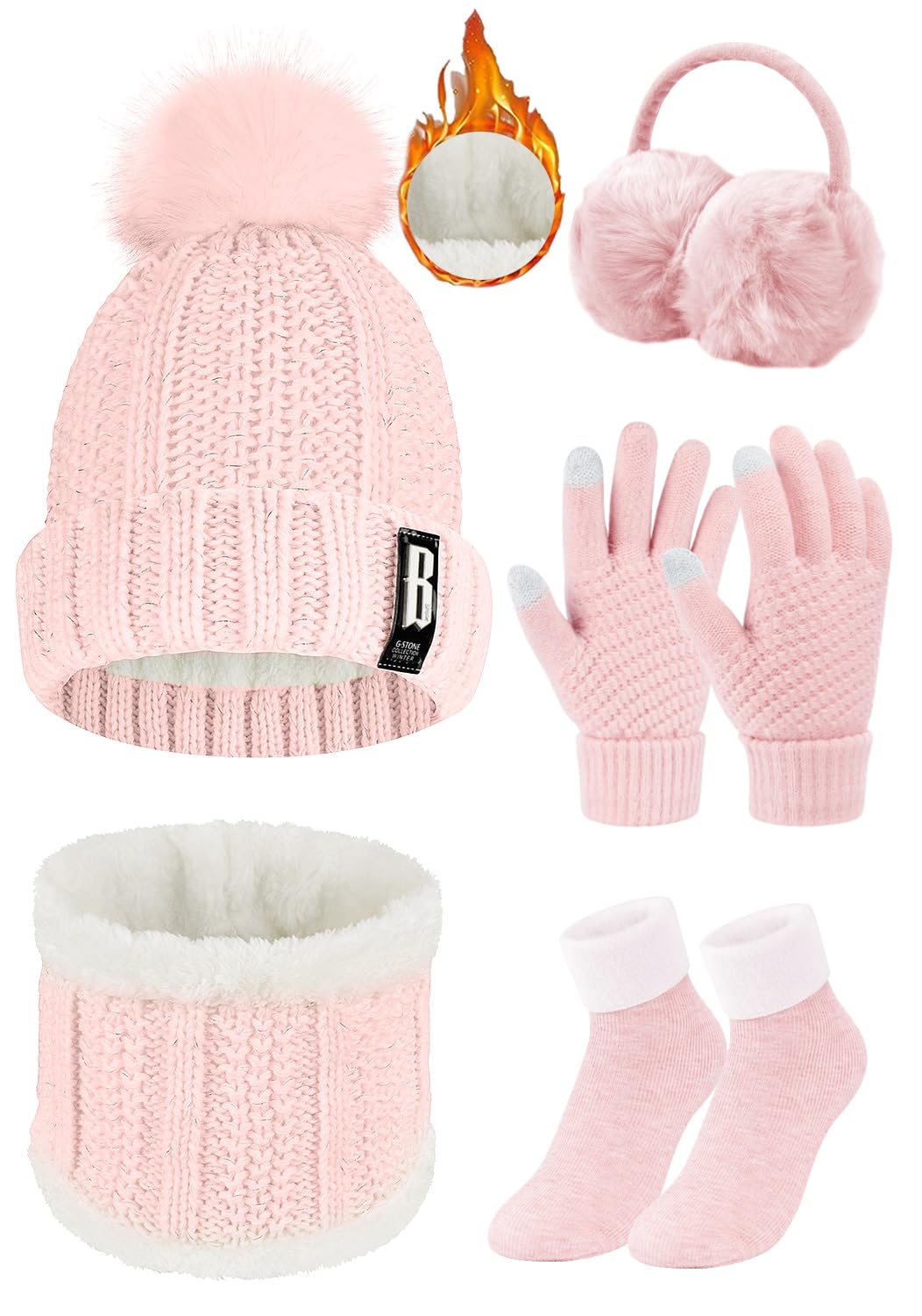 Voqeen Juego de 5 Piezas de Gorro y Bufanda de Punto Guantes de Pantalla táctil Guantes Orejeras de Felpa de Invierno Calcetines térmicos para Gorro de esquí Deportes al Aire Libre
