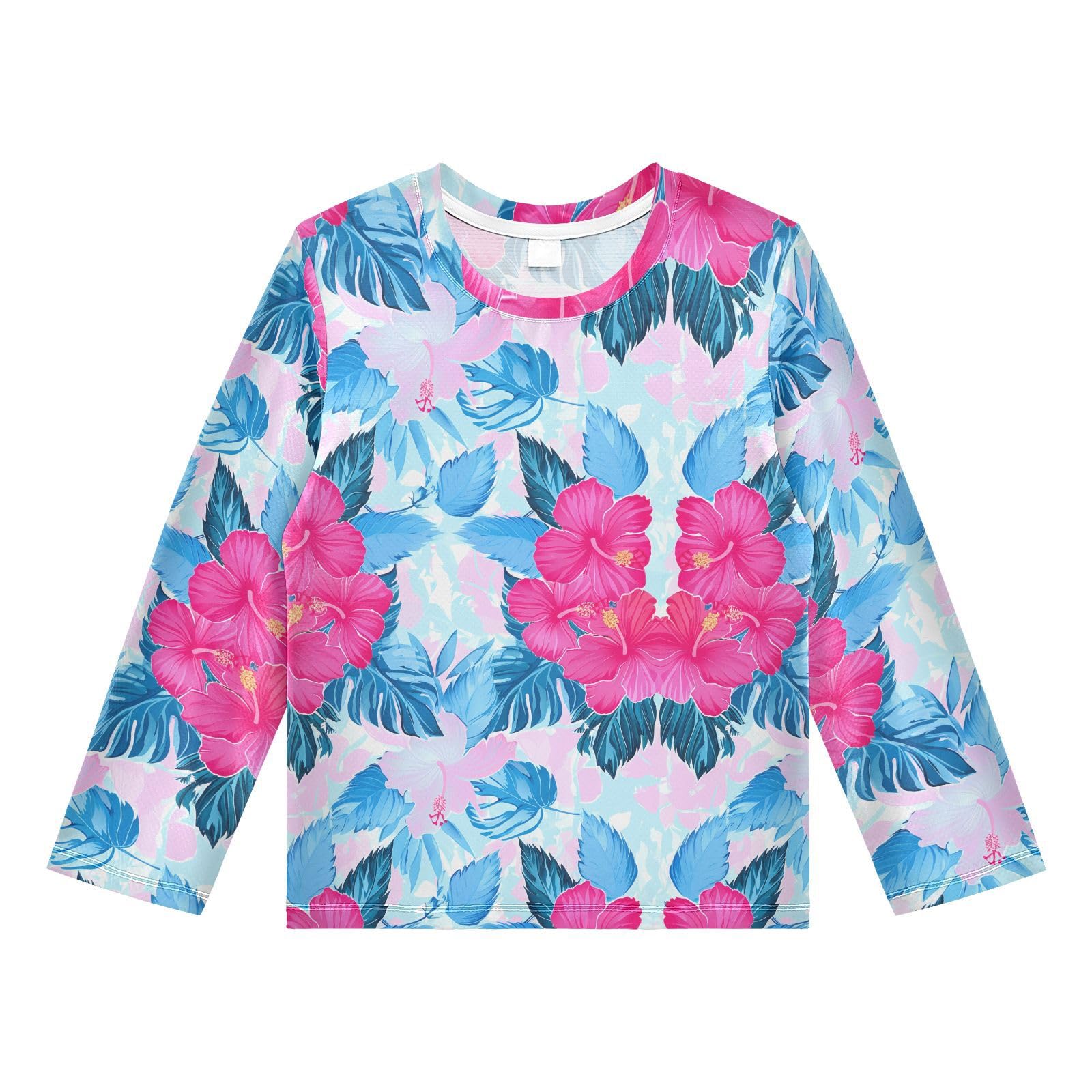 Hibiscus Monstera Leaves Floral Boy's Rash Guard Swim Shirt Long Sleeve Sun Shirt for Swimming Pool Beach UPF50+ 4T