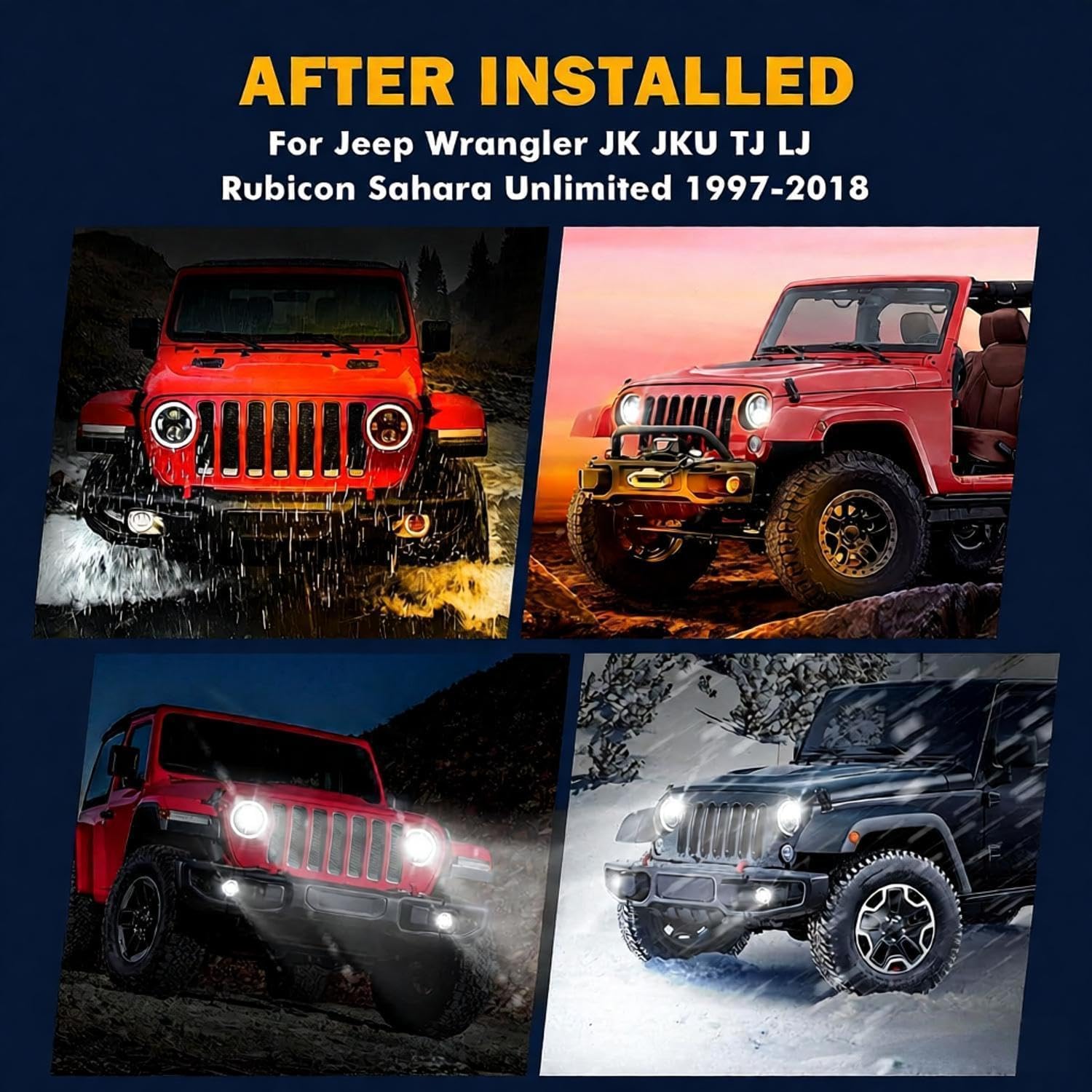 7-inch H6024 LED Headlights + 4-inch Fog Lights for Jeep Wrangler JK Unlimited JKU Accessories 2007-2018 [HALO DRL][Amber Turn Signals] [High/Low Sealed Beam]