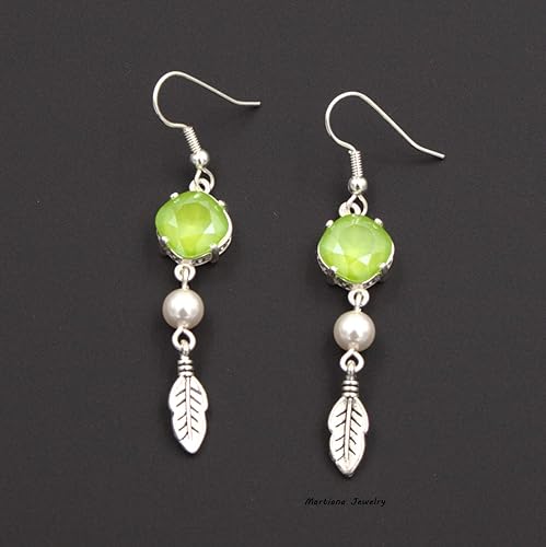 Miniatura 3 de Lime Green Cushion Crystal Feather Dangle Earring - Charm, Silver Tone 1.75-in