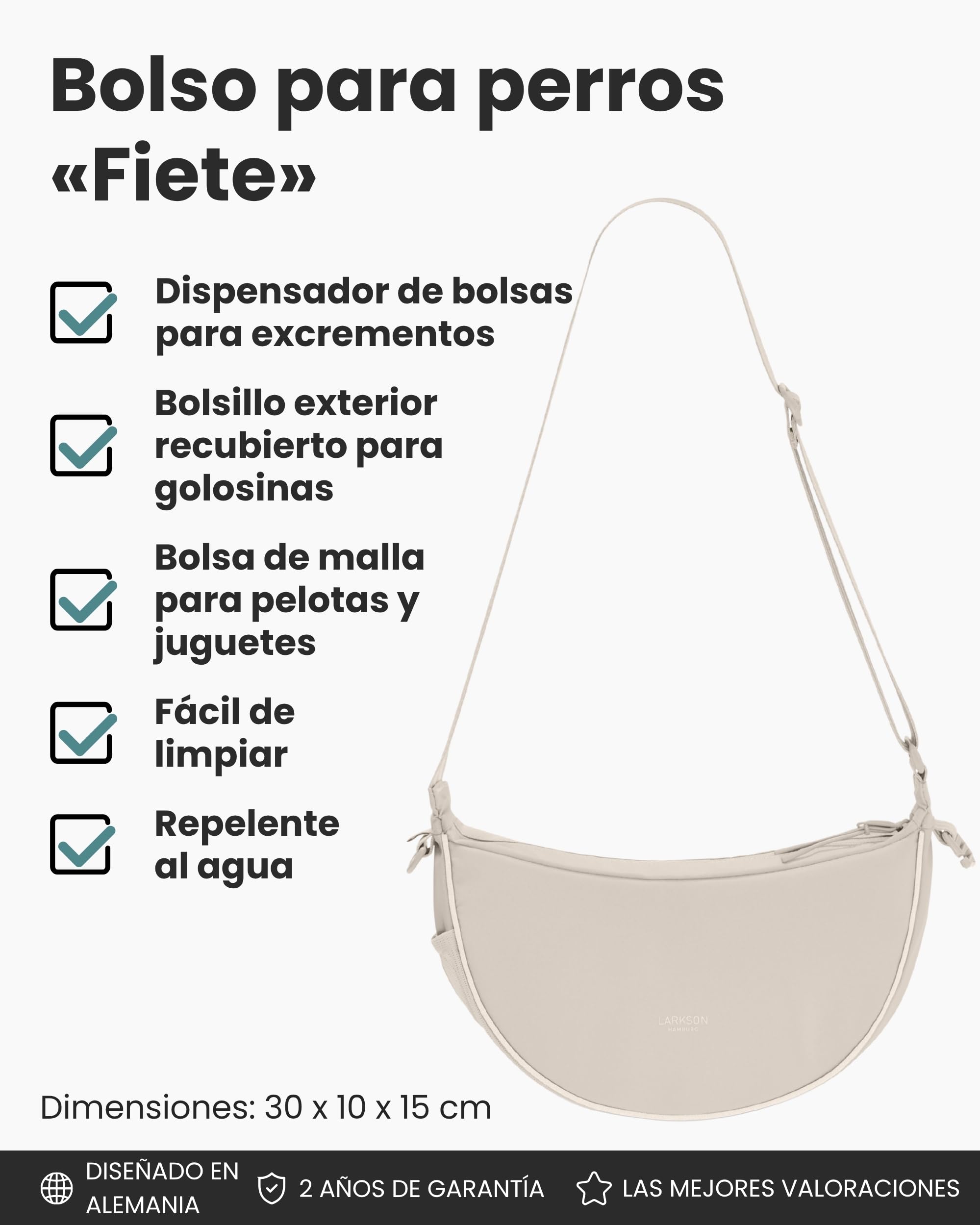LARKSON Half Moon Bag para Perros Beige - Fiete - Bolso Bandolera para Pasear al Perro Reflectante - Bolsa para Golosinas con Dispensador de Bolsas para Excrementos - Repelente al Agua