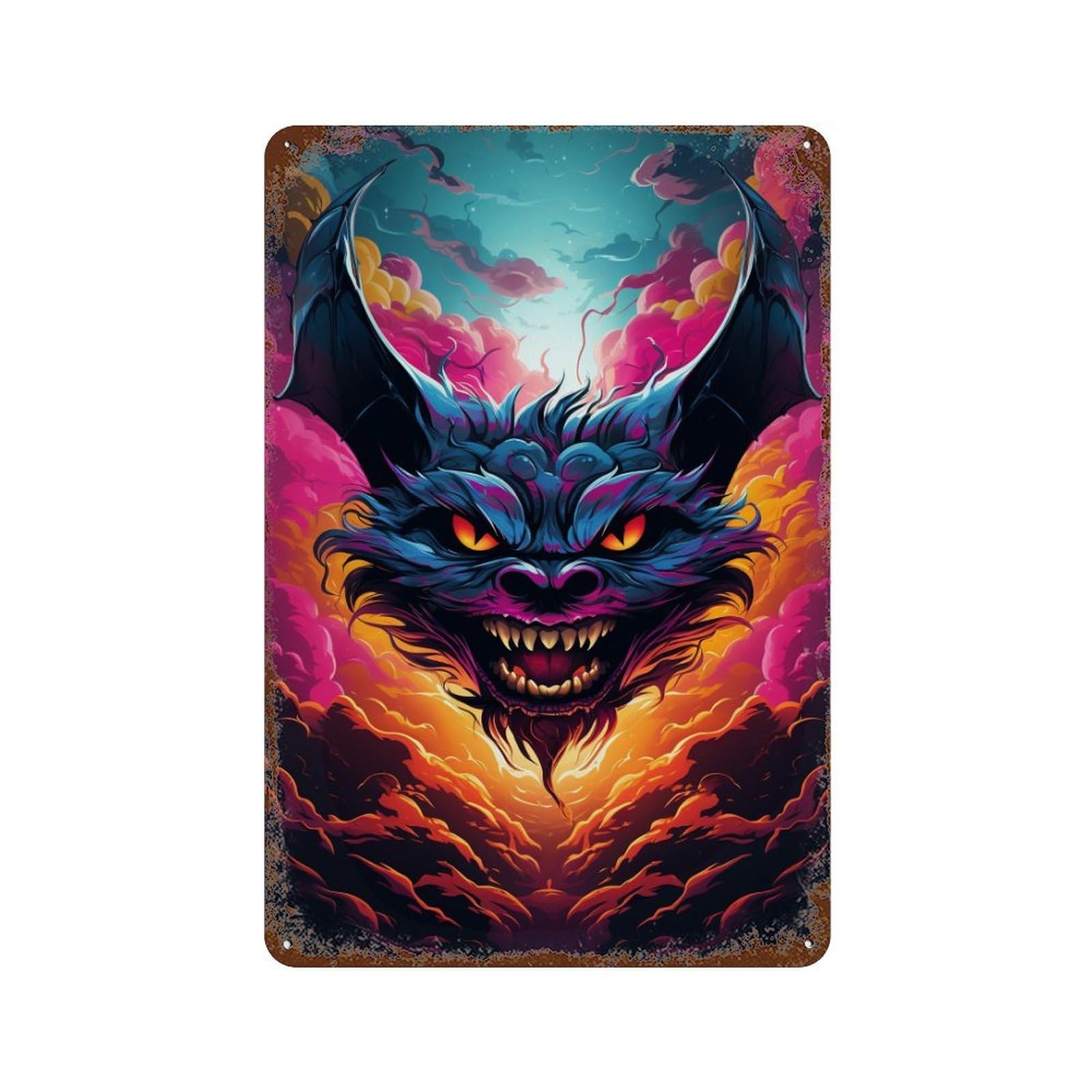 Fiery Demon Head Artwork Decorative Tin Sign 11.8"x7.9", Retro Wall Decor for Garage, Pub Or Kitchen