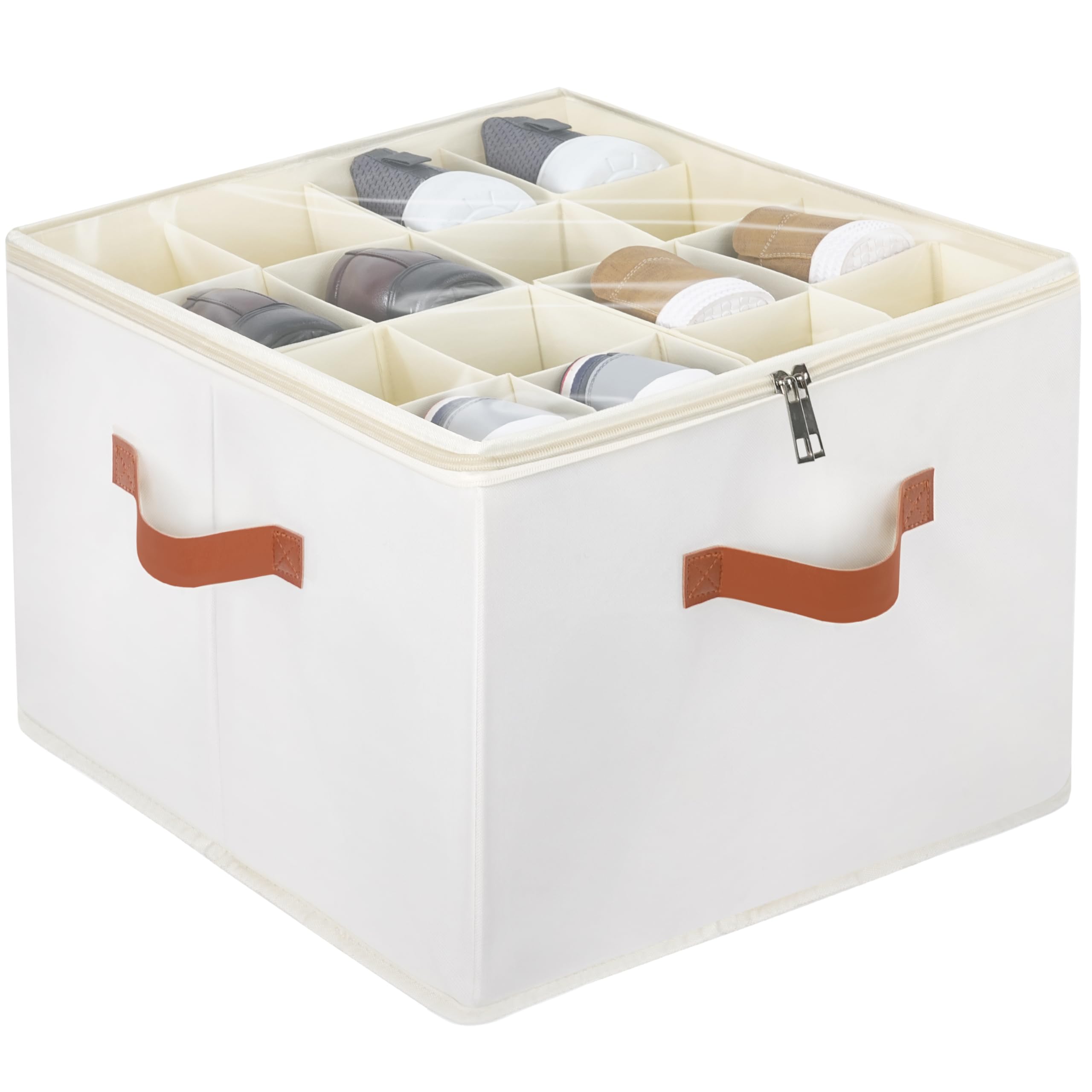 Organisateur à Chaussures Winter Shore - Tissu Beige, 43x43x30cm, Jusqu'à 16 Paires - Couvercle Transparent
