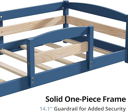 Miniatura 5 de Cama estándar para cuna, base de cama baja Montessori de madera con 2 entradas y barandillas seguras para niños y niñas, azul niebla Azul (Mist