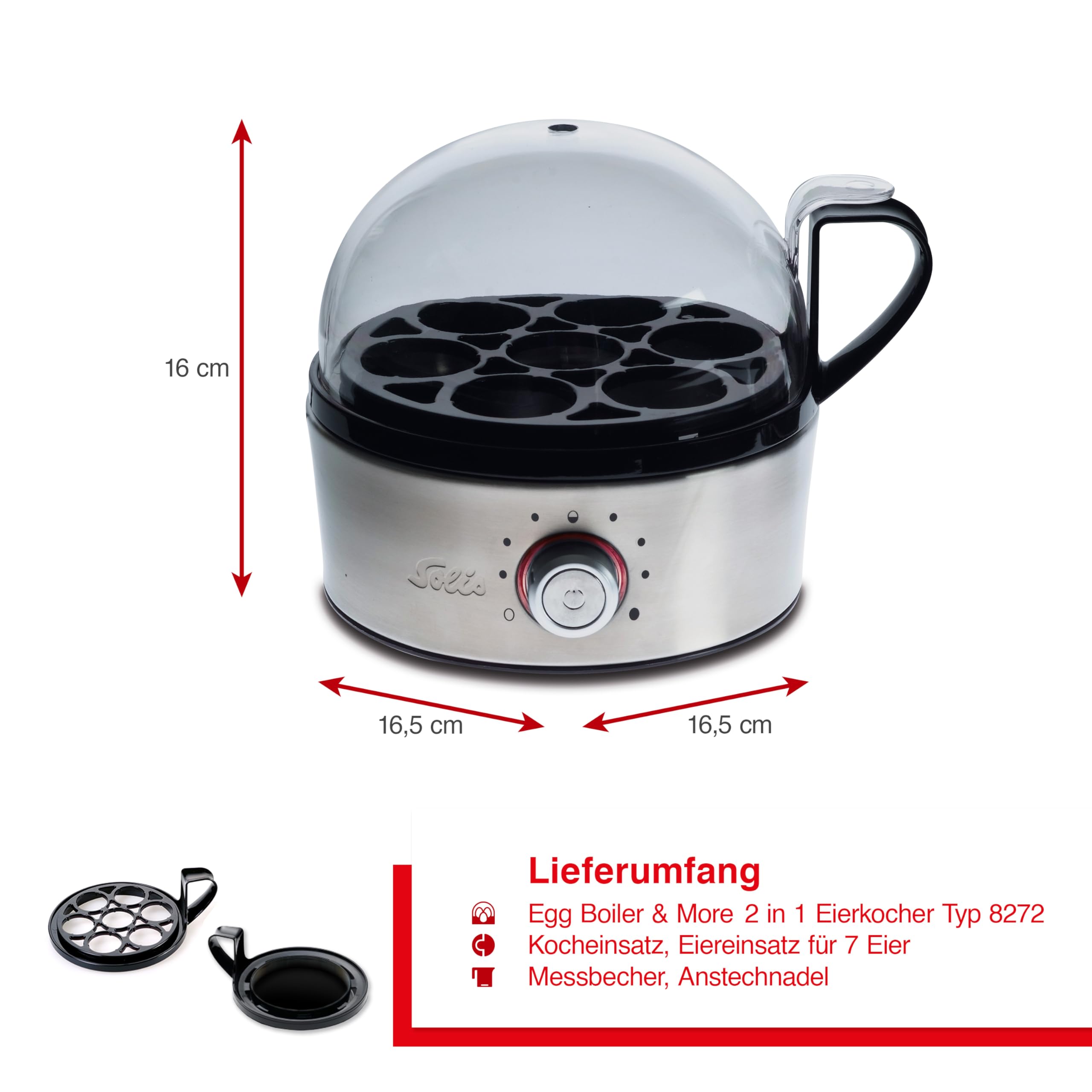 Solis Egg Boiler & More 8272 – Multifunktionaler Eierkocher & Dampfgarer aus Edelstahl, für bis zu 7 Eier, Härtegradeinstellung, LED-Kontrolle, akustisches Signal, sicher & leicht zu reinigen
