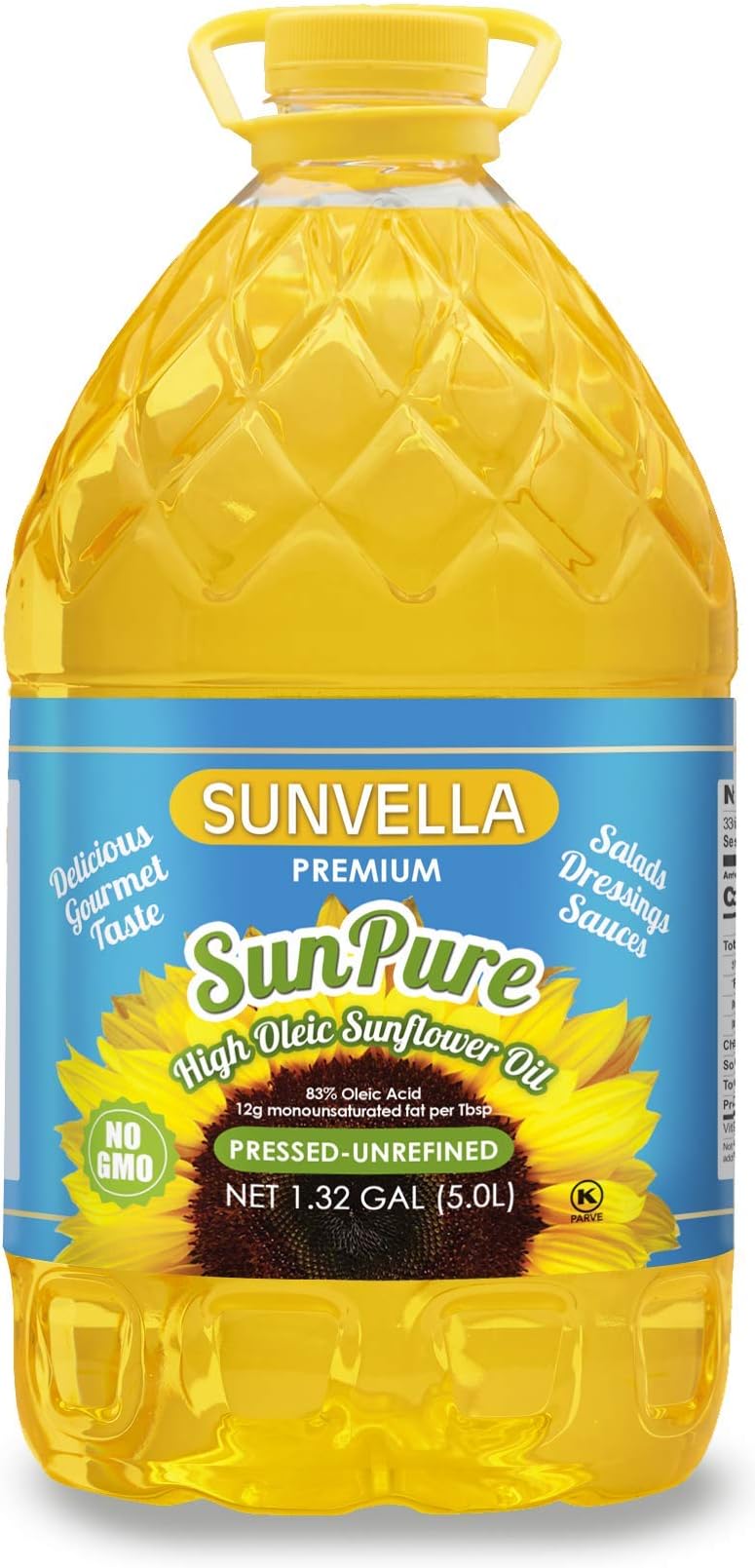SUNVELLA SunPure Non-GMO High Oleic Sunflower Oil, Pressed-Unrefined 1.32 GAL (5.0L)