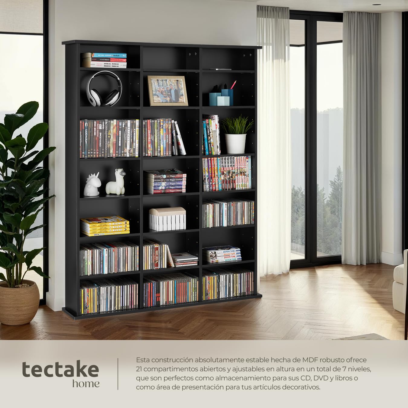 tectake® Estantería Pared con Efecto Madera, 21 Compartimentos, Estantes Ajustables en Altura y Extraíbles, Estantería Libros y Cds, Elegante Mueble Almacenaje, Superficie Resistente - Negro