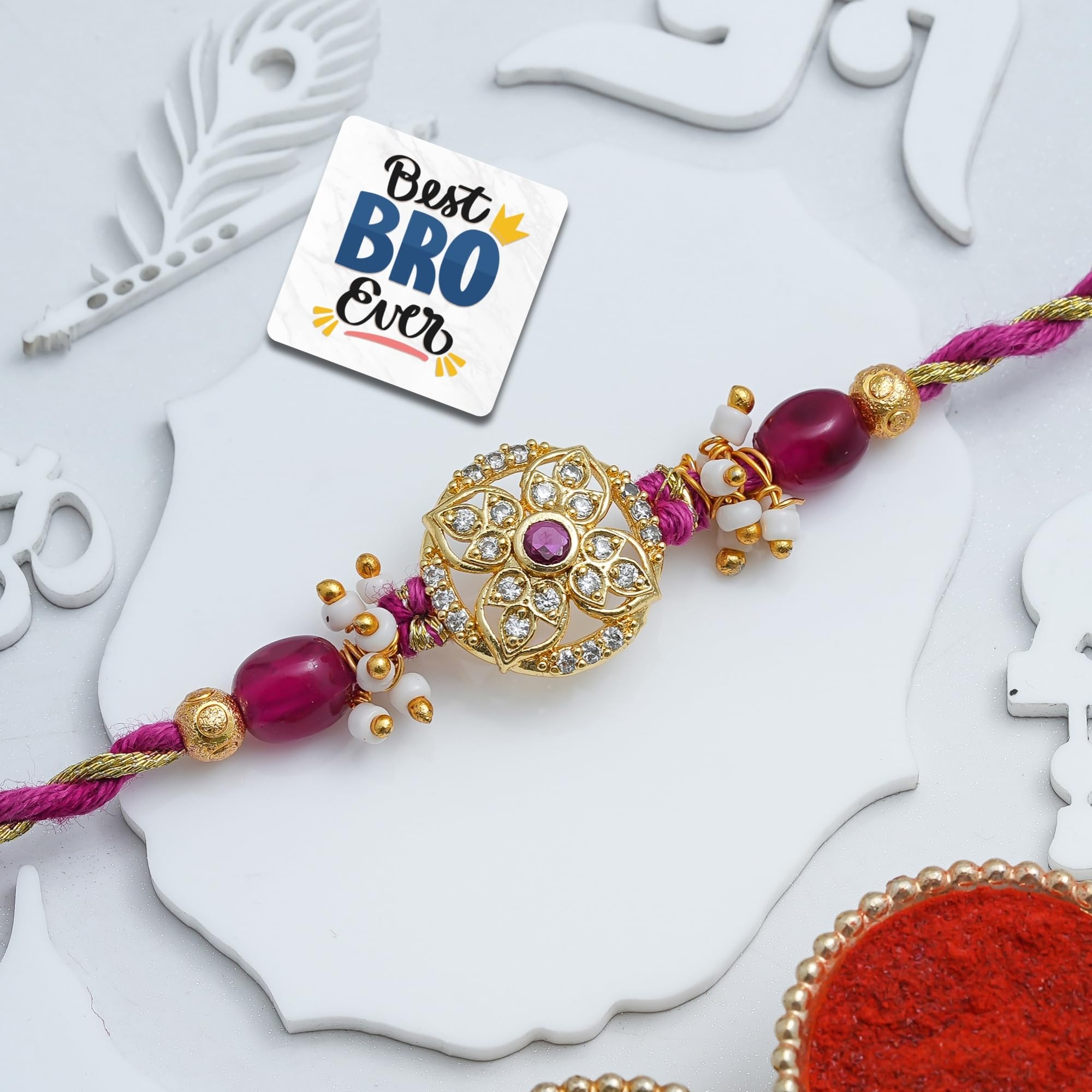 eCraftIndia Beautiful Flower Rakhi for Brother Bhaiya Bhai with Best Bro Ever Fridge Magnet | Roli Chawal Pack-picture-1