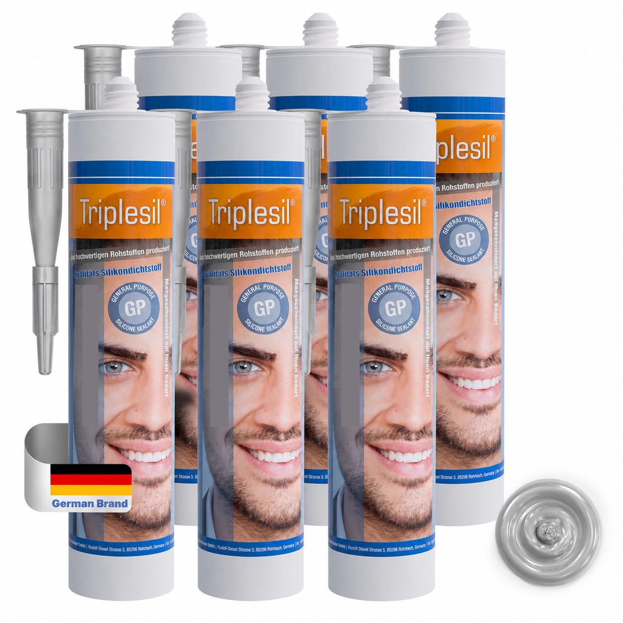 Triplesil Premium Silicone Sanitaire 6 × 310 ml Argent – Mastic Silicone Étanche pour Salle de Bain et Cuisine – Intérieur & Extérieur – Joint Silicone Tous Matériaux (Silver/ 6)