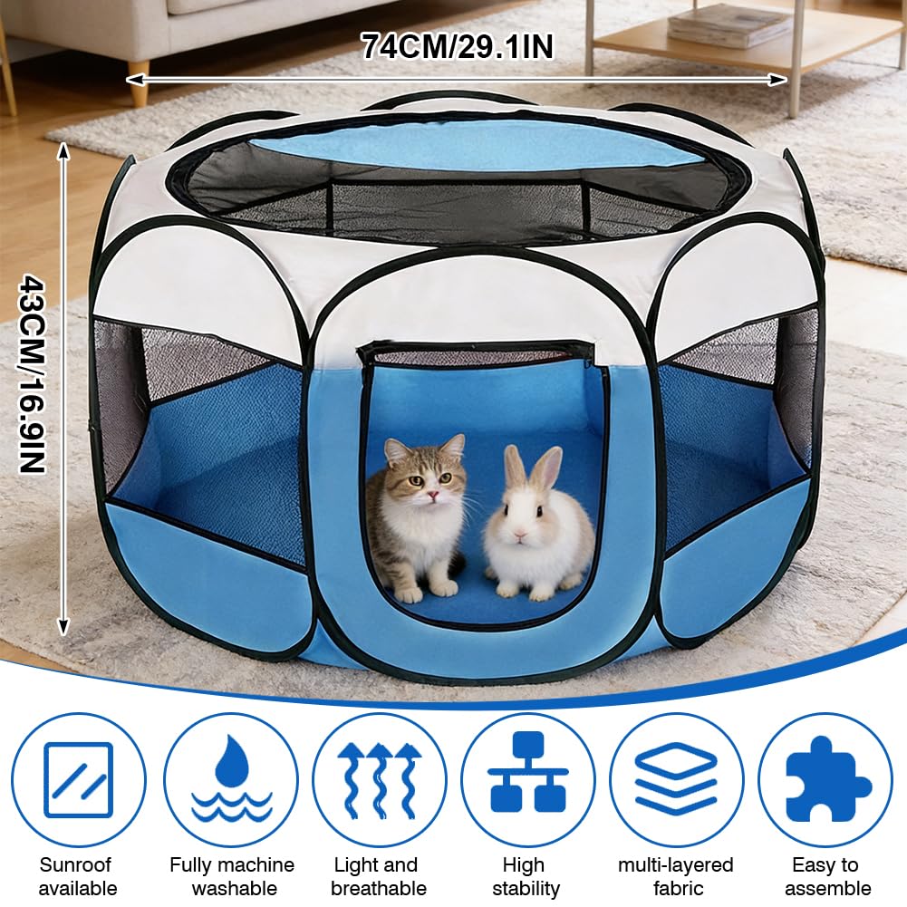 Recinto pieghevole per cuccioli e cani 74x74x43cm, recinto per gatti, recinto per piccoli animali per casa, recinto per cani, gatti e conigli per interni ed esterni (Blu)