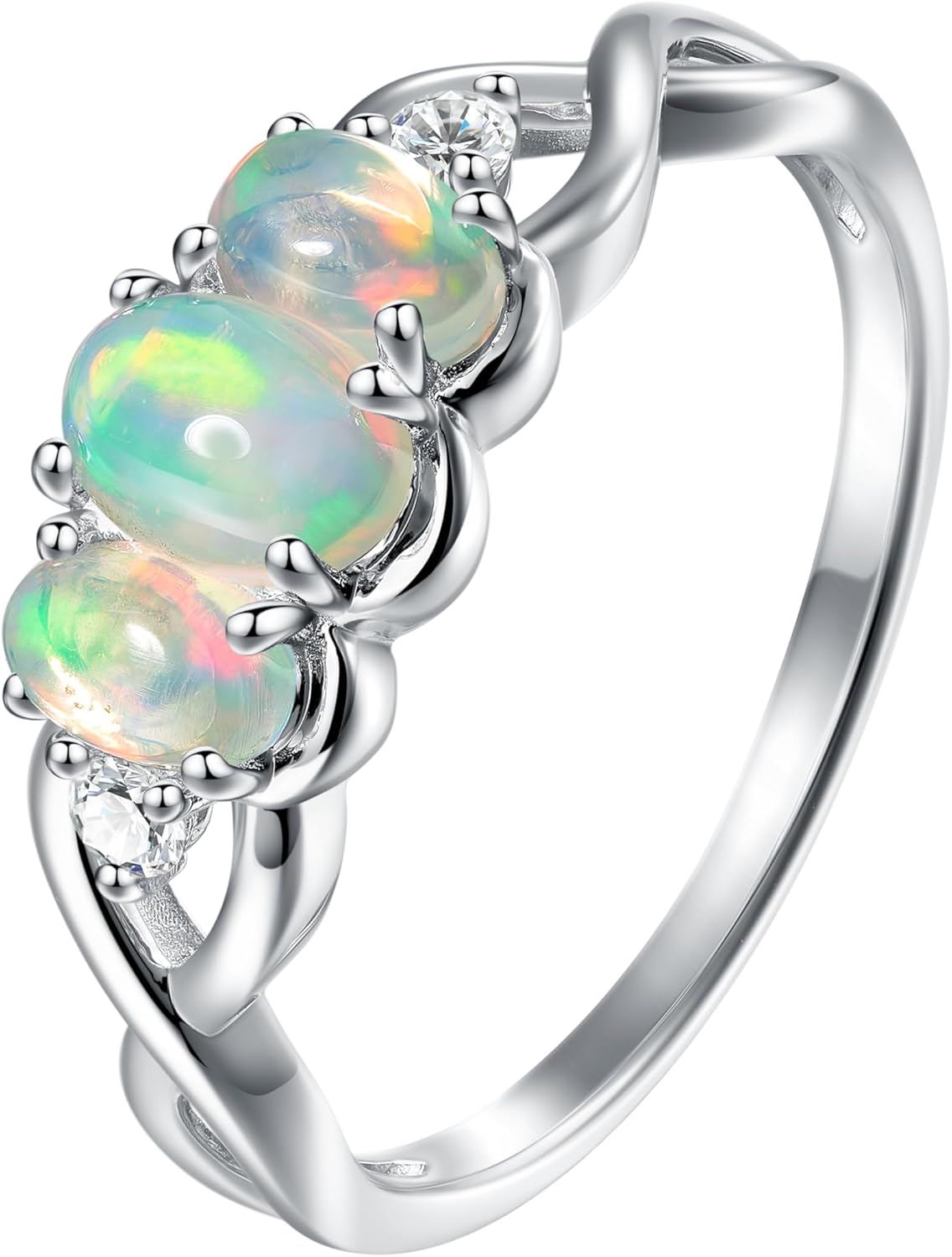 Real Morganite, Ethiopian Opal, or Tanzanite 3 Stone Oval Infinity Band Ring in 925 Sterling Silver | Gemstone Rings for Women, Anniversary Rings, Birthstone ring Size 5-10 (Ethiopian Opal, 5)