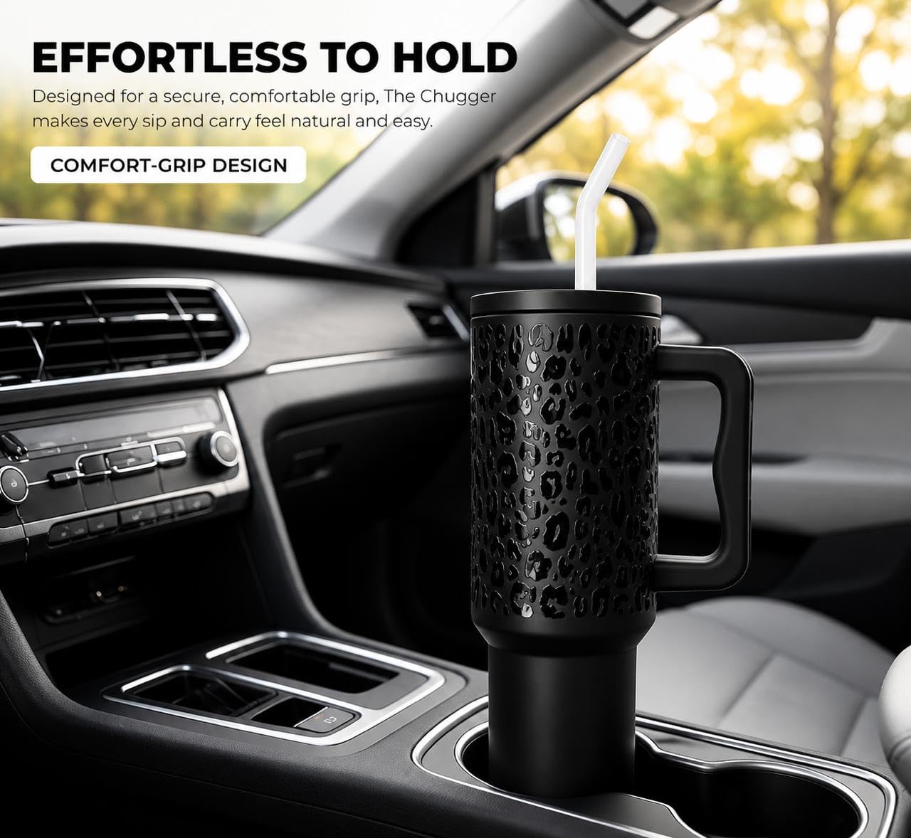 Meeram 40 Oz Vacuum Insulated Stainless Steel Tumbler with Handle & Straw | Double Wall Leakproof Travel Coffee Mug for Car, Office & Gym | Hot & Cold Water, Drinks | Black Leopard |1200ML (Black) Product Image 5