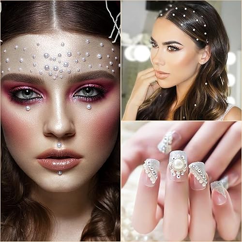 Miniatura 4 de Nicpro - 2475 calcomanías de perlas autoadhesivas, 4 tamaños, para maquillaje, gemas de perlas blancas, decoración para cara, cuerpo, uñas, cabello,