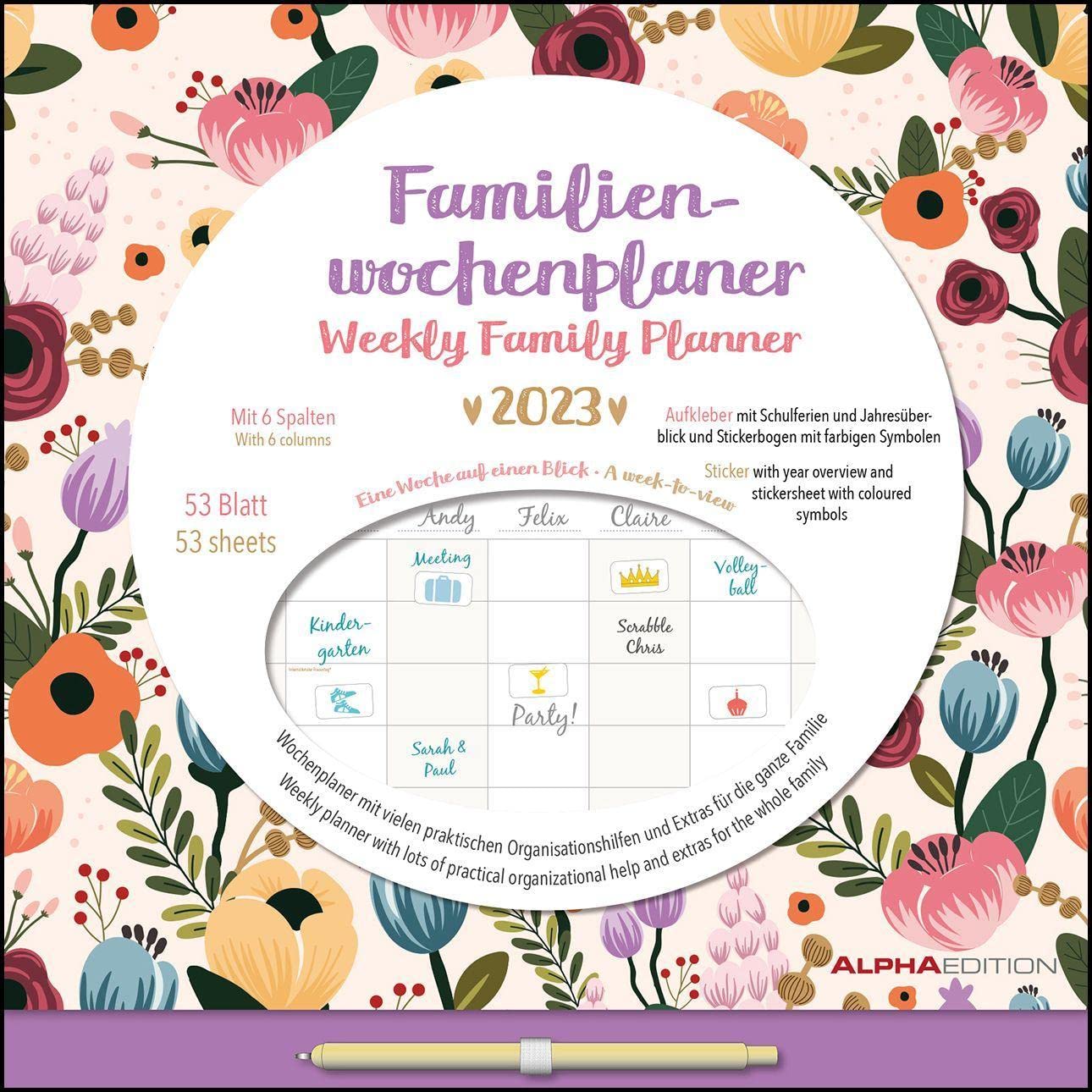 Family Weekly Calendar Flowers 2023 - Family Timer - Appointment Planner - Children's Calendar - Family Calendar - 30.5 x 30.5 cm