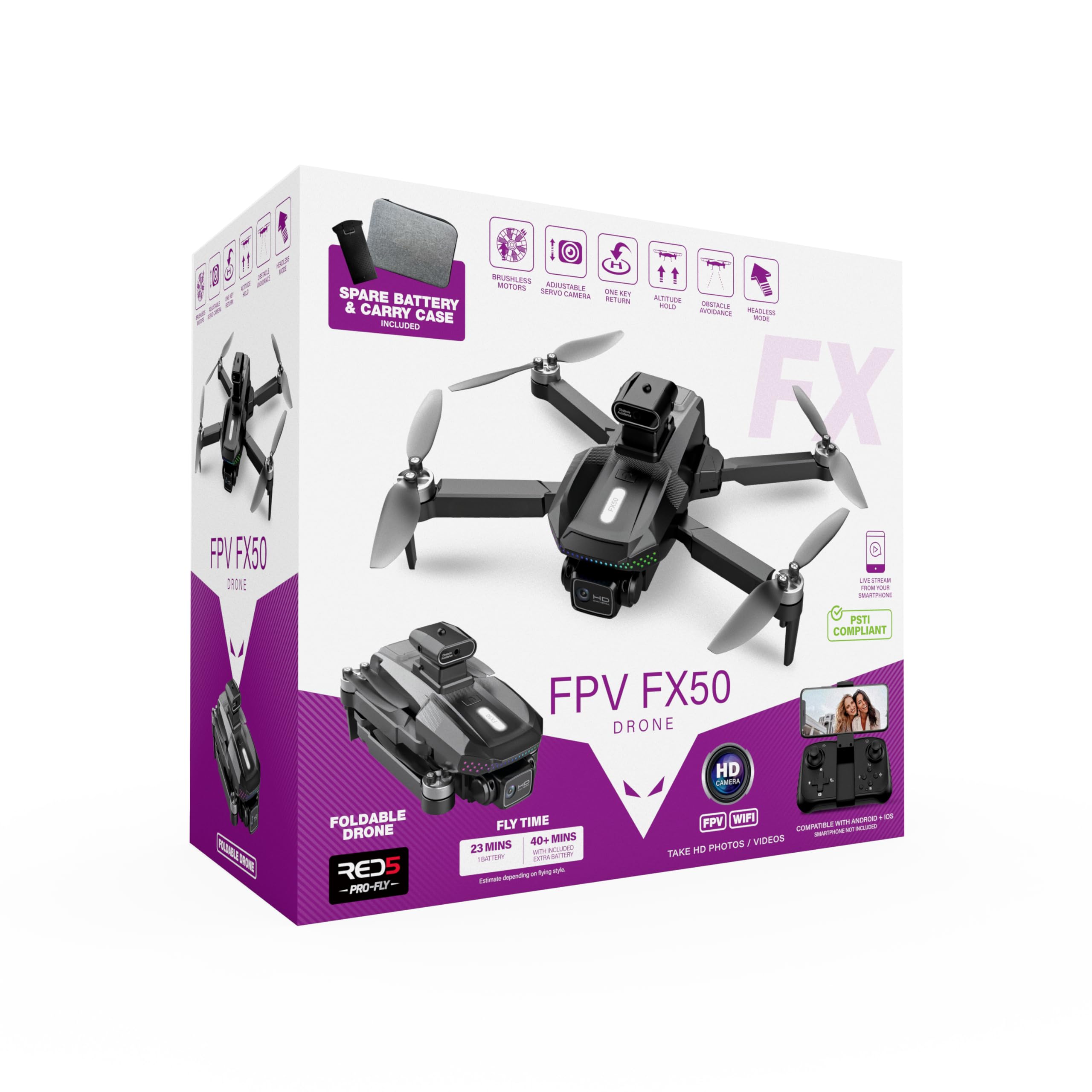 RED5 FX50 720p HD FPV Wi-Fi Secure PSTI Foldable Remote Control Quadcopter Drone, Multicolour