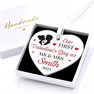 Our First Valentine's as Mr & Mrs 1st Year Married Newlyweds Valentines Day Gifts Personalised Ceramic Love Heart Decoration Husband Wife Plaque Keepsake, With Gift Box