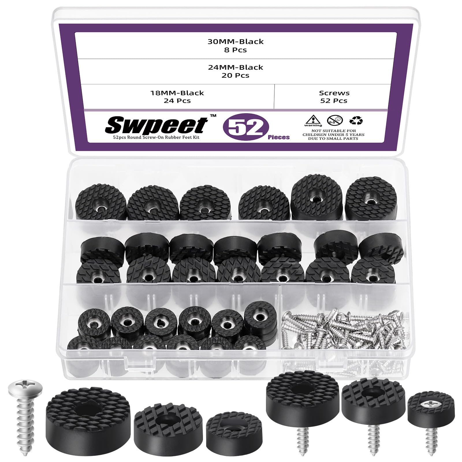 Swpeet 52 Sets 3 Sizes 18mm & 24mm & 30mm Round Black Furniture Pads with Screws