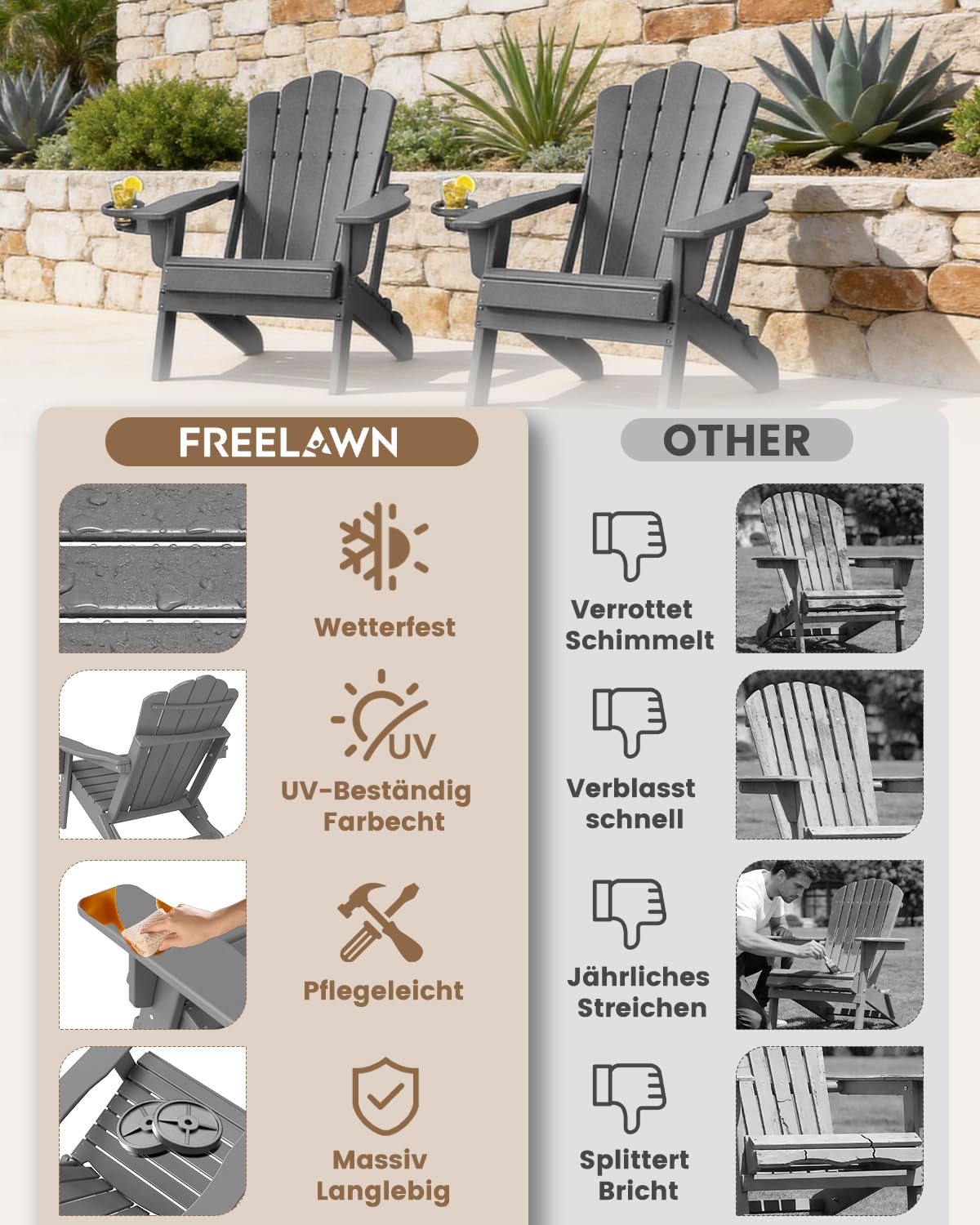 Klappbarer Adirondack Chair mit Breiten Armlehnen, Terrassenstuhl aus HDPE, Wetterfester Balkonstuhl & Relaxstuhl, Grau Matt
