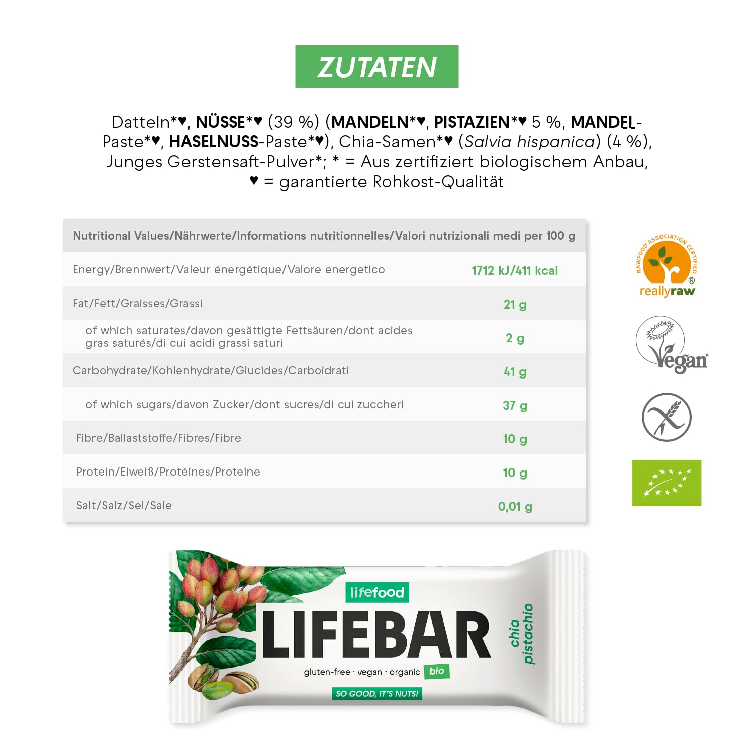 lifefood Lifebar Energieriegel, Vegan Sportriegel, RAW BIO Rohkost, Vegan, Glutenfrei, Laktosefrei,Ohne Zuckerzusatz, Biologisch angebaut - 15er Pack (15 x 40 g) (Chia Pistazie)