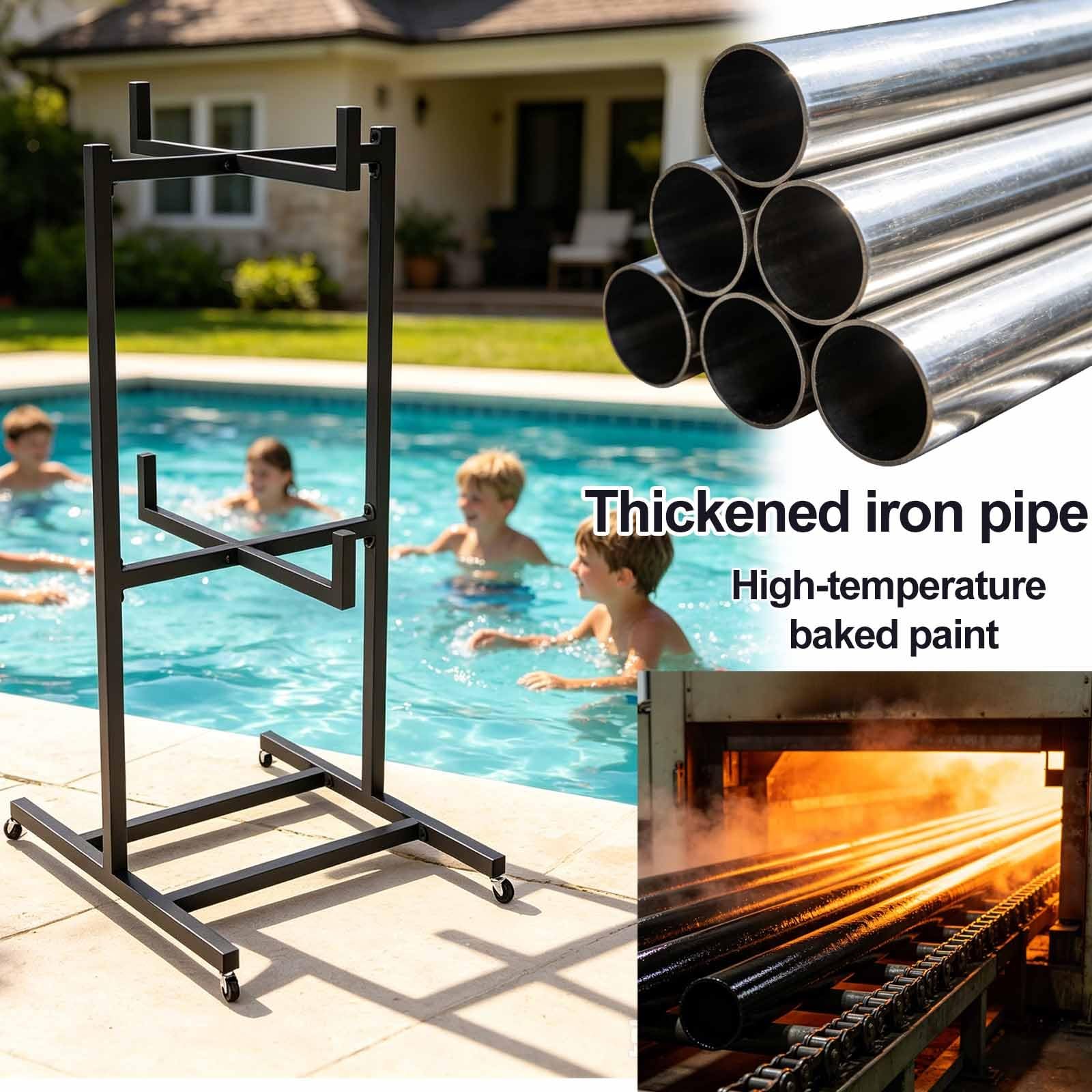 Supporto a 2 livelli per galleggianti da piscina, organizer esterno per bordo piscina, organizer con ruote e barra trasversale, adatto per attrezzature e accessori nuoto