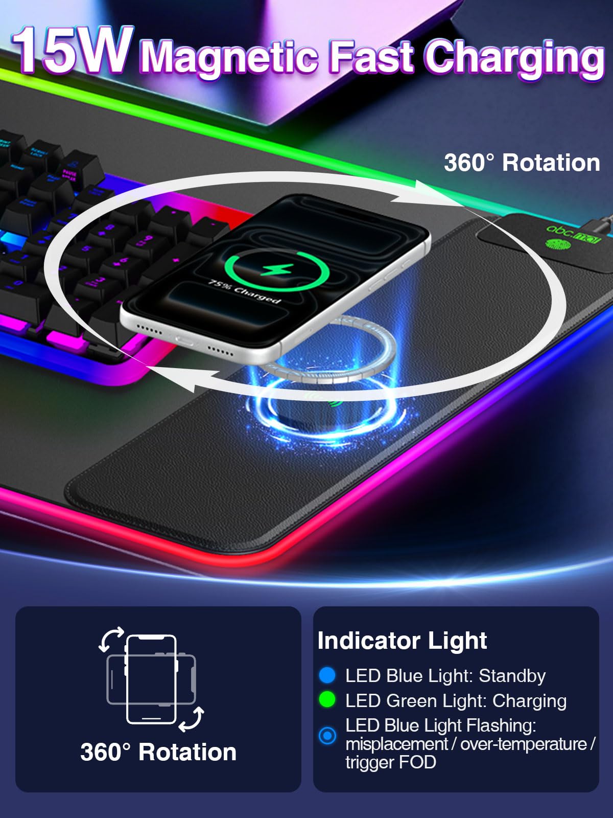 Tappetino per mouse da gioco XXL RGB con caricabatterie wireless magnetico da 15 W, tappetino da scrivania a LED extra large da 80 x 40 cm, 24 effetti di luce, con base in gomma antiscivolo