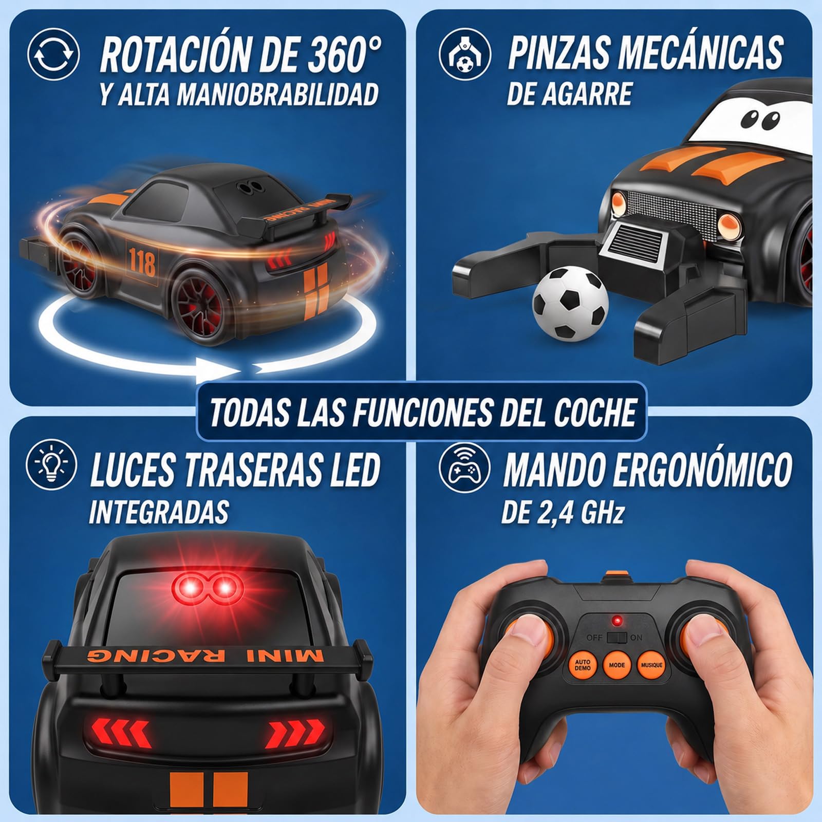 GizmoVine Juego de Fútbol RC para 2 Jugadores, 2 Coches Teledirigidos 2,4 GHz con Campo de Fútbol y Porterías, Giro 360°, Luces LED y Música, Juguete Interactivo para Niños de 6-15 Años
