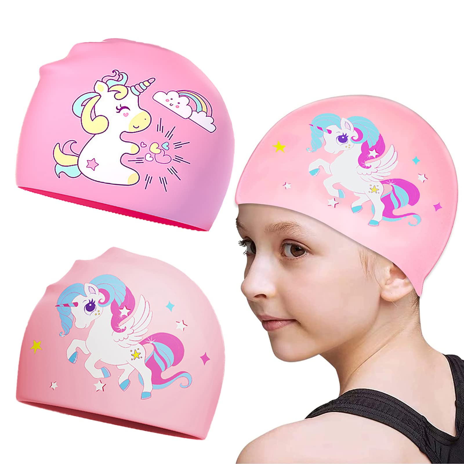 ZERRIOY 2 Pack Kids Swim Cap for Girls, Pink Unicorn Silicone Swim Cap, Durable Waterproof Cartoon Swimming Hat, Bathing Pool Swimming Caps for Long and Short Hair Child Toddler Teens (Age 3-15) (B0BX6NWX7M) Amazon Price History, Amazon Price Tracker