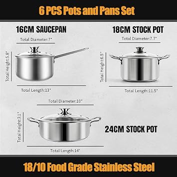 Stainless Steel Pan Set, 6-Piece Tri-Ply Base Induction Pots and Pans Set