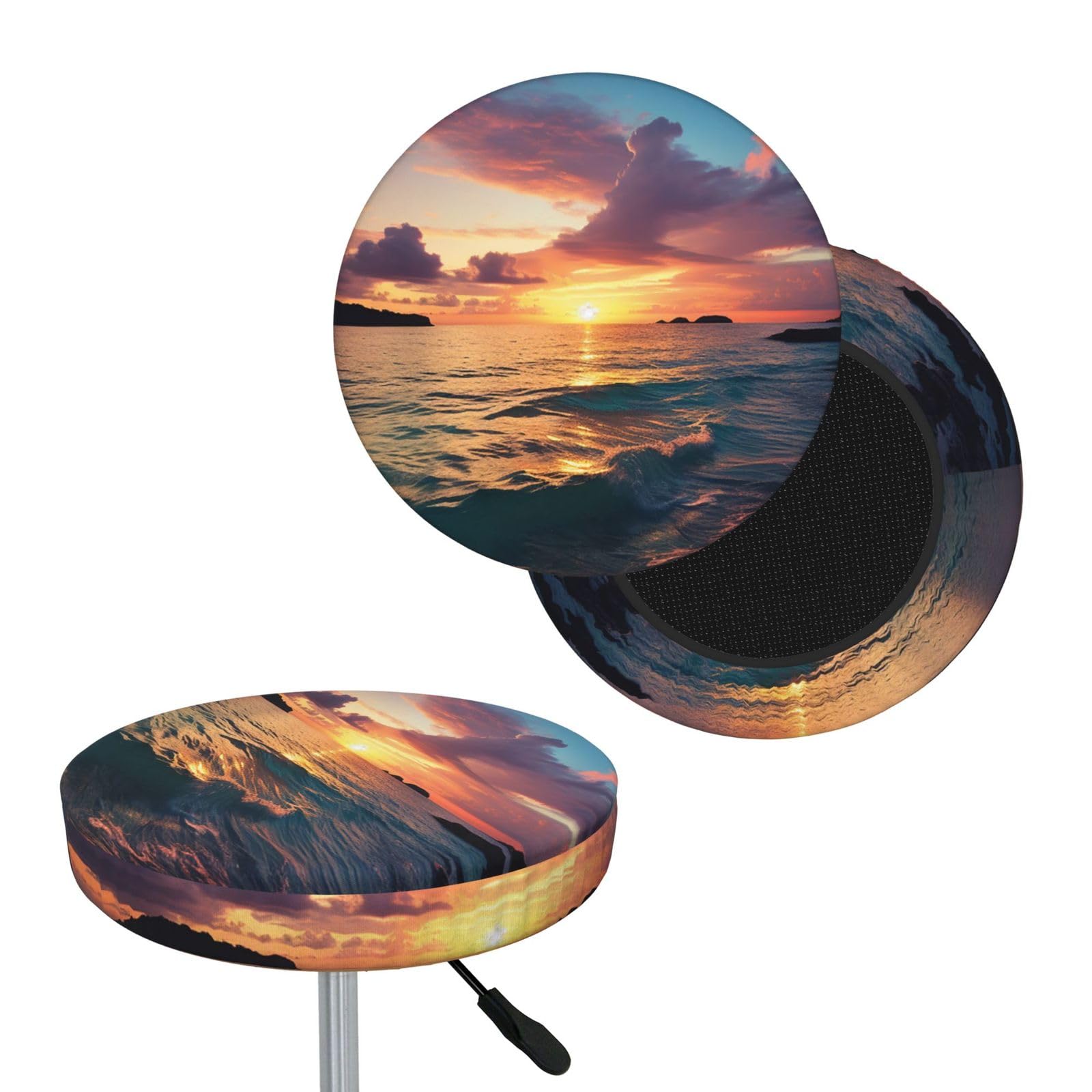 FodPand Ocean and Sunset Bar Stool Cover Round Elastic Stool Cushion Covers Washable Bar Stool Chair Slipcover Stretch Stool Seat Covers for 12-14 Inch Chair
