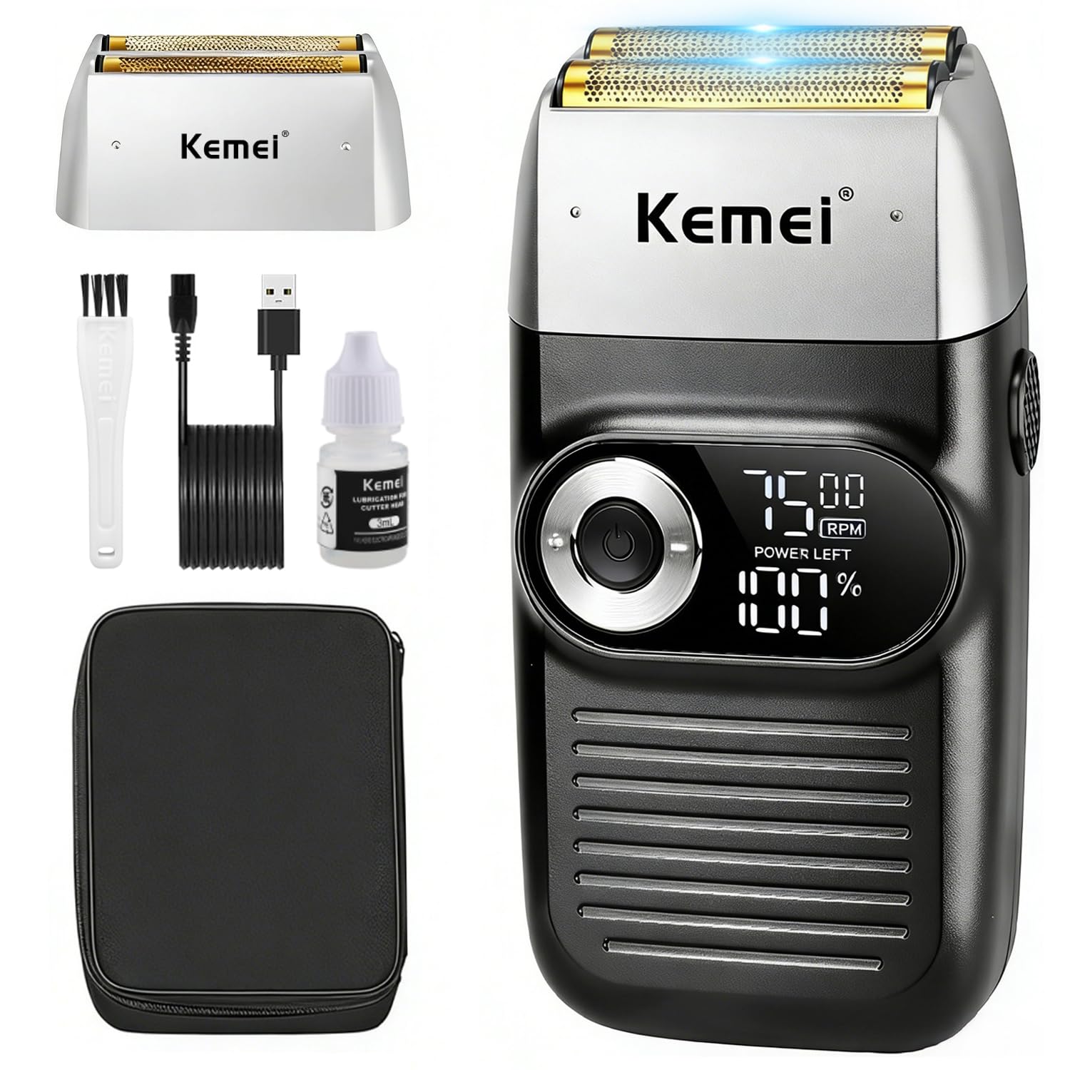 Maquina de Afeitar para Hombre KEMEI, Shaver Barberia Eléctrica con Recortadora, Afeitadora Inalámbrica con Lámina de Titanio y Maleta, KM-2026