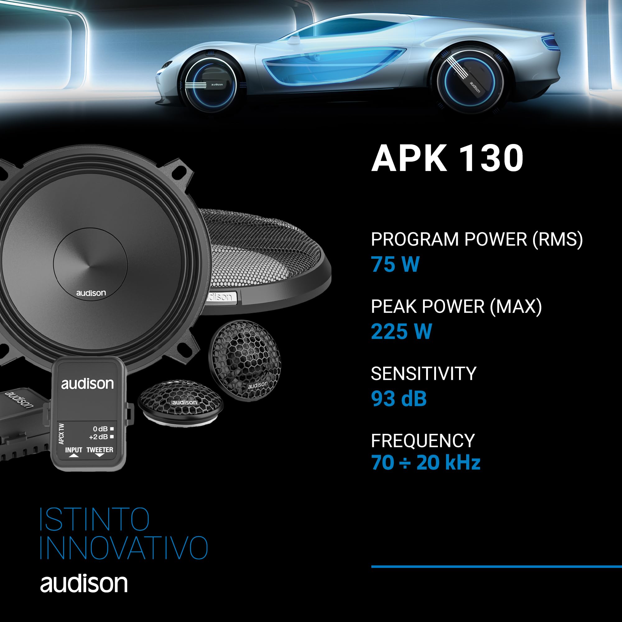 Audison APK 130 – Sistema audio a due vie da 130 mm con woofer in fibra di cellulosa e tweeter a cupola da 26 mm, installazione OEM-friendly, 75 W RMS @ 4 Ω