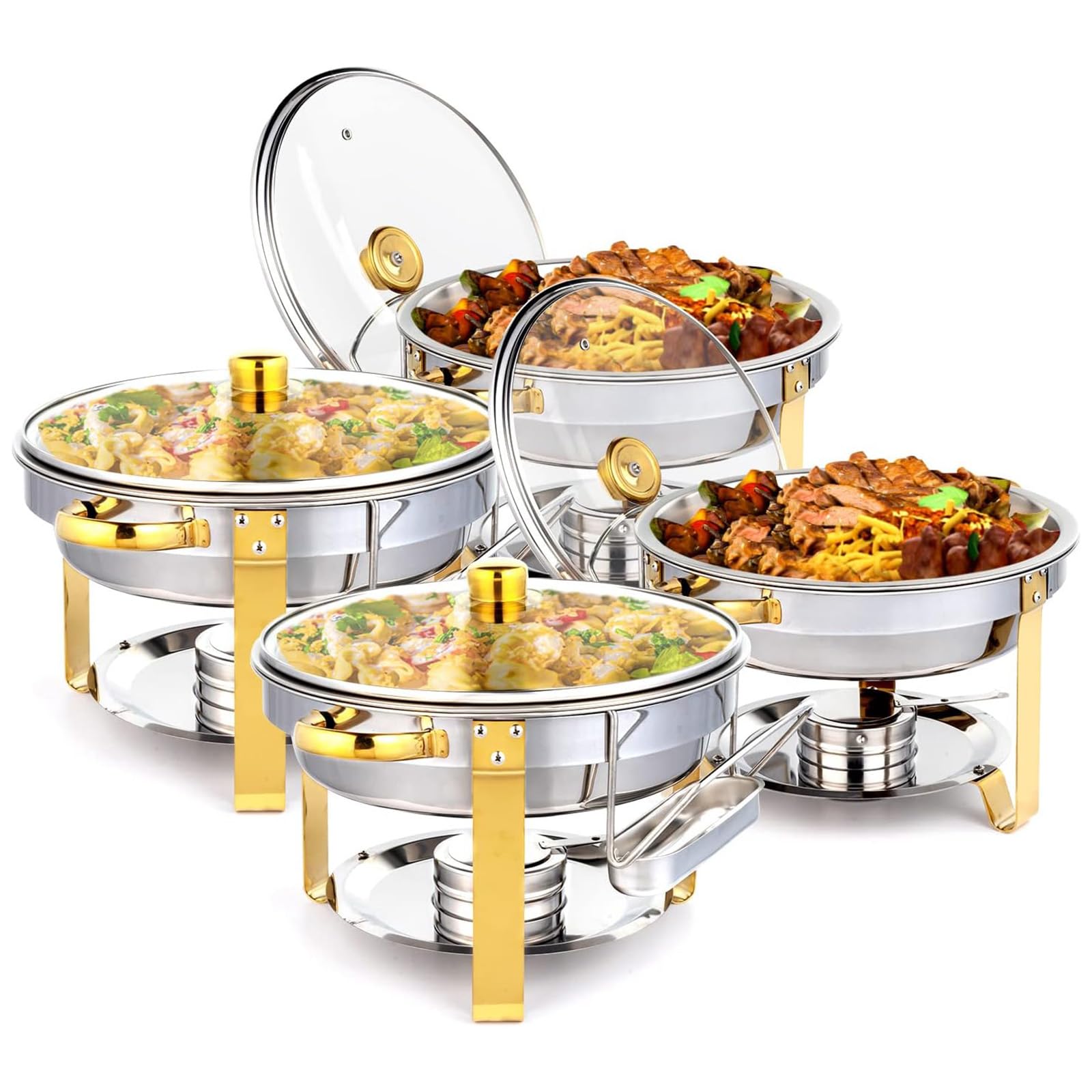 JKJZSALJ Chafing Dish Buffet Set, Round Stainless Steel Warmer For Catering, Events, And Weddings,Gold,4pcs