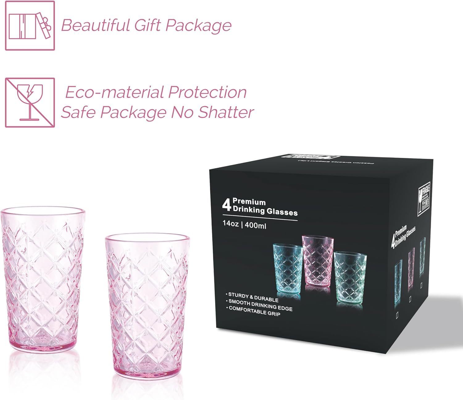 Drinking Highball Glasses Set of 4, Vintage Cross Hatch Glass Cups, 15.5oz Tall Drinking Water Glasses, Dishwasher Safe Pink Glass Tumbler Glassware for Water, Juice, Cocktail, Coffee, Whiskey - Image 7