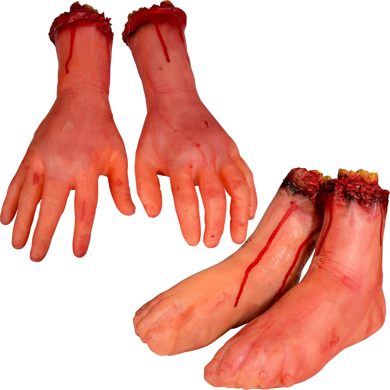 XONOR Halloween Fake Human Arm Plastic Hands Foot Bloody Dead Body Parts Haunted House Halloween Decorations, 4-Pieces (1 Pair Hands, 1 Pair Feet)