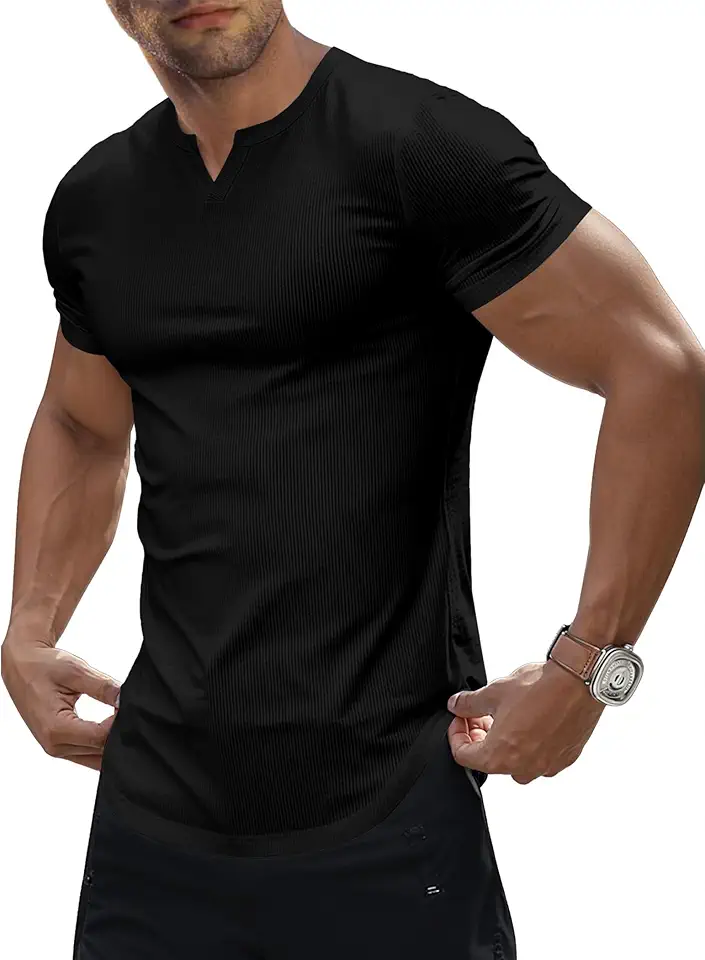 JMIERR Men's Muscle V-Neck T Shirt Short Sleeve Longline Ribbed Henley Shirt Gym Workout Athletic Tee Shirts