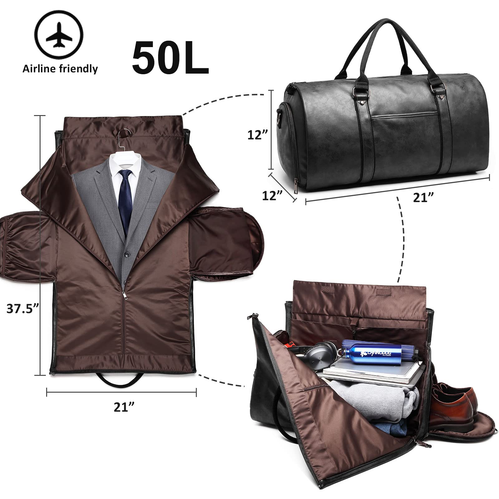 Borsa porta abiti da viaggio in pelle convertibile da uomo con scomparto per scarpe, impermeabile, perfetta per viaggi d'affari/regali per marito, Nero