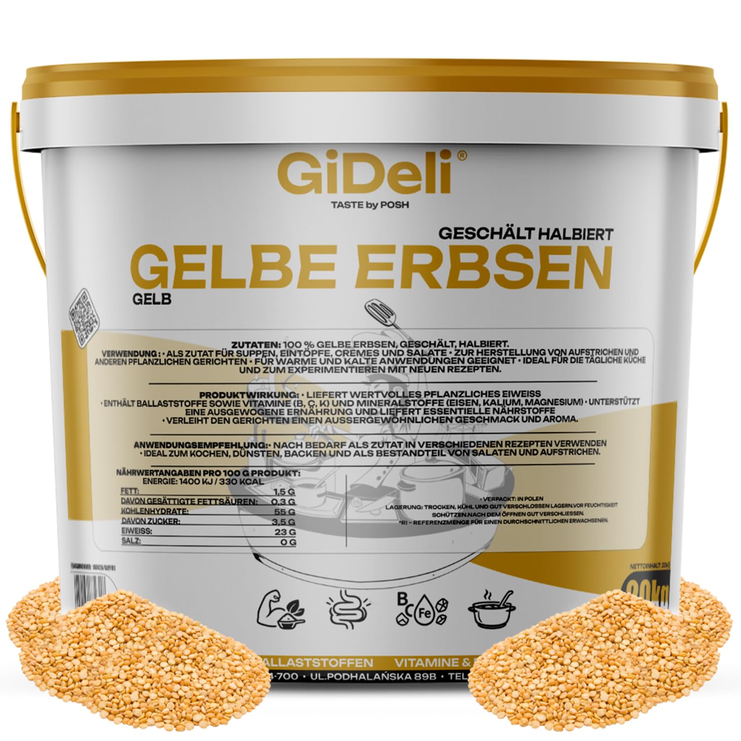 GiDeli Gelbe Spalterbsen 20kg im Eimer - Hoher Proteingehalt - Ballaststoff- und Eisenquelle - Basis für Suppen und Aufstriche - Schnellkochend - Vegan & Vegetarisch